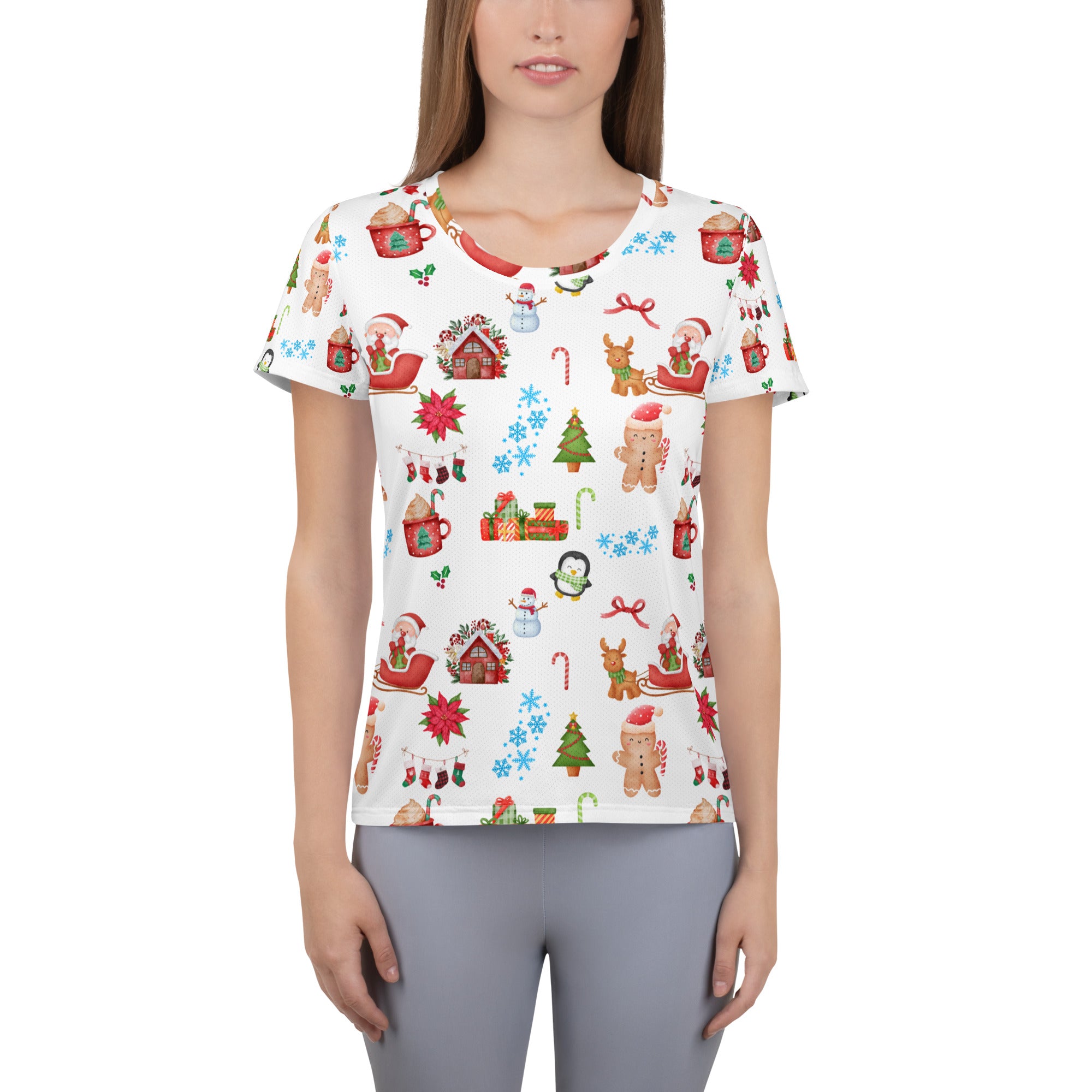 Women’s Christmas Themed Performance Athletic T-Shirt - Lightweight Moisture Wicking Workout Top with UPF 50+
