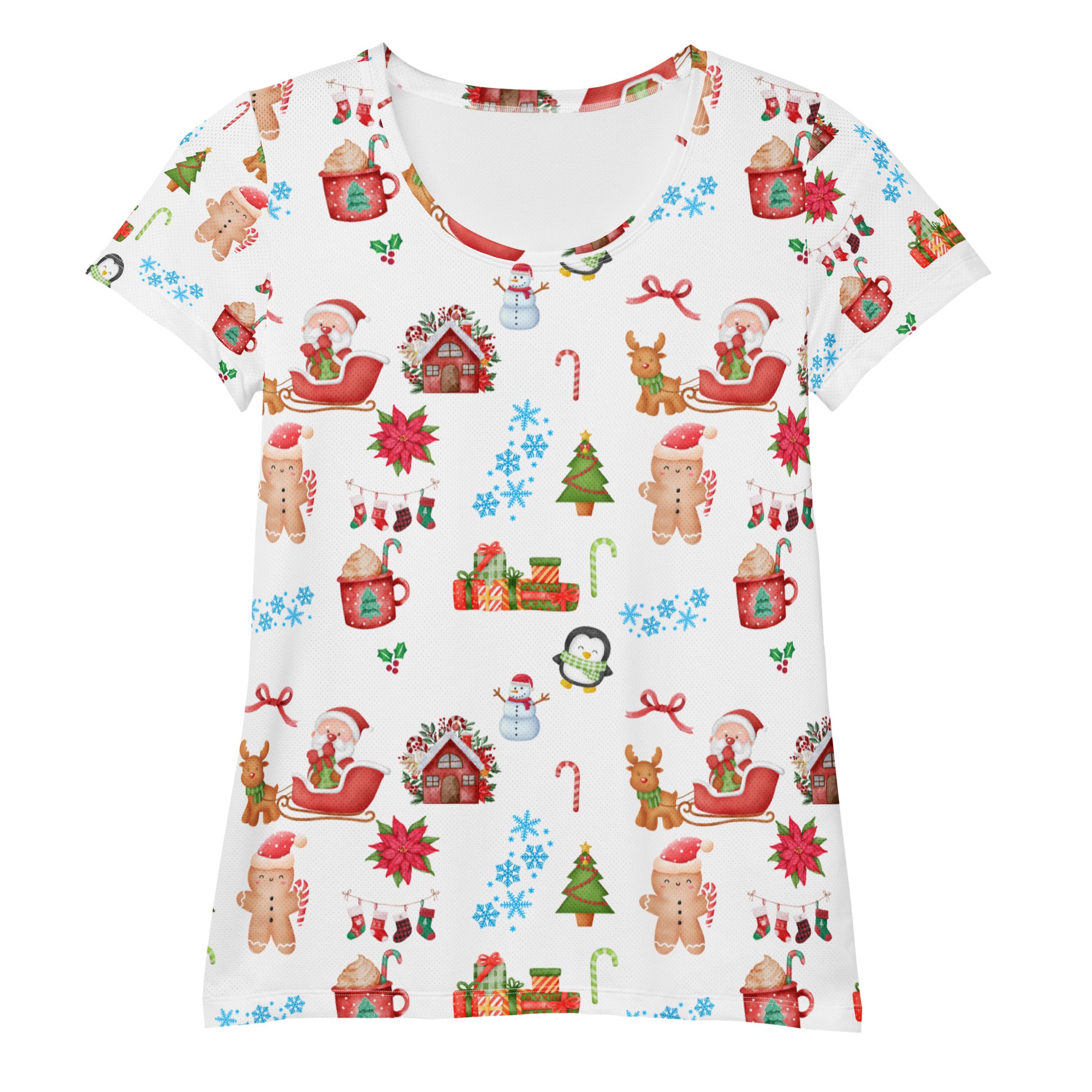 Women’s Christmas Themed Performance Athletic T-Shirt - Lightweight Moisture Wicking Workout Top with UPF 50+
