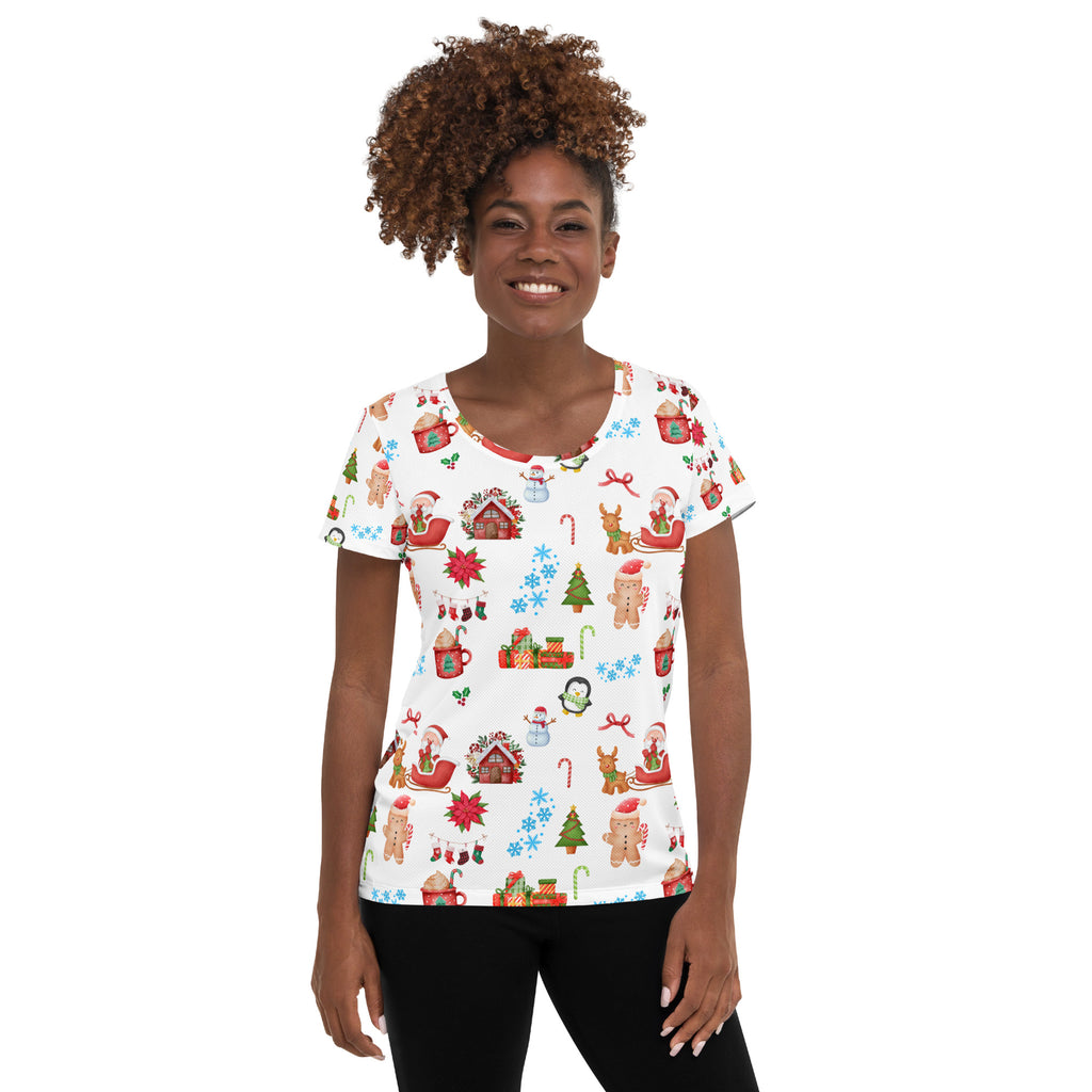 Women’s Christmas Themed Performance Athletic T-Shirt - Lightweight Moisture Wicking Workout Top with UPF 50+