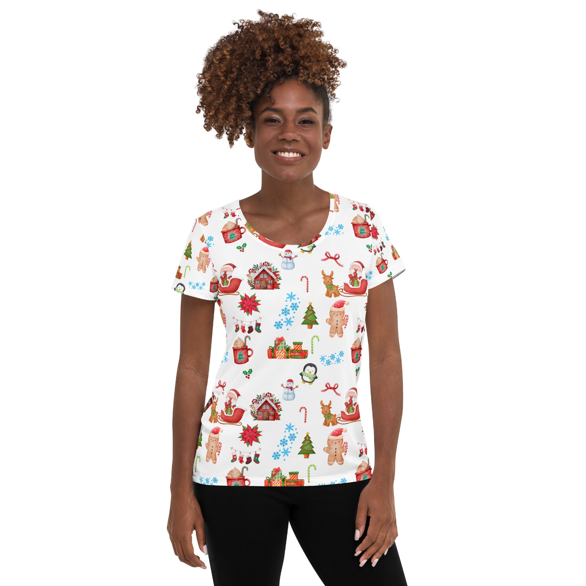 Women’s Christmas Themed Performance Athletic T-Shirt - Lightweight Moisture Wicking Workout Top with UPF 50+