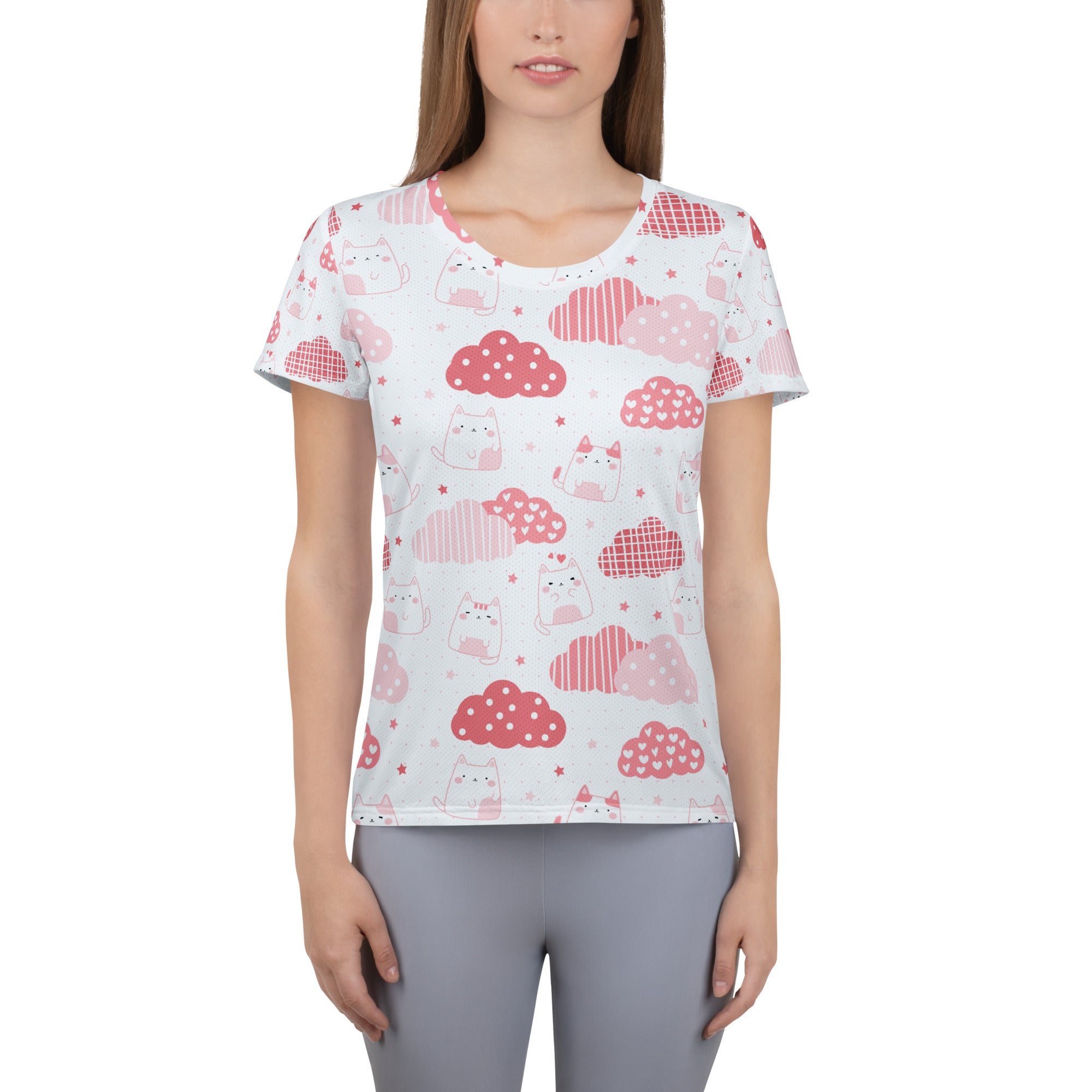 Women’s Kawaii Cats & Clouds Performance Athletic T-Shirt - Lightweight Moisture Wicking Workout Top with UPF 50+