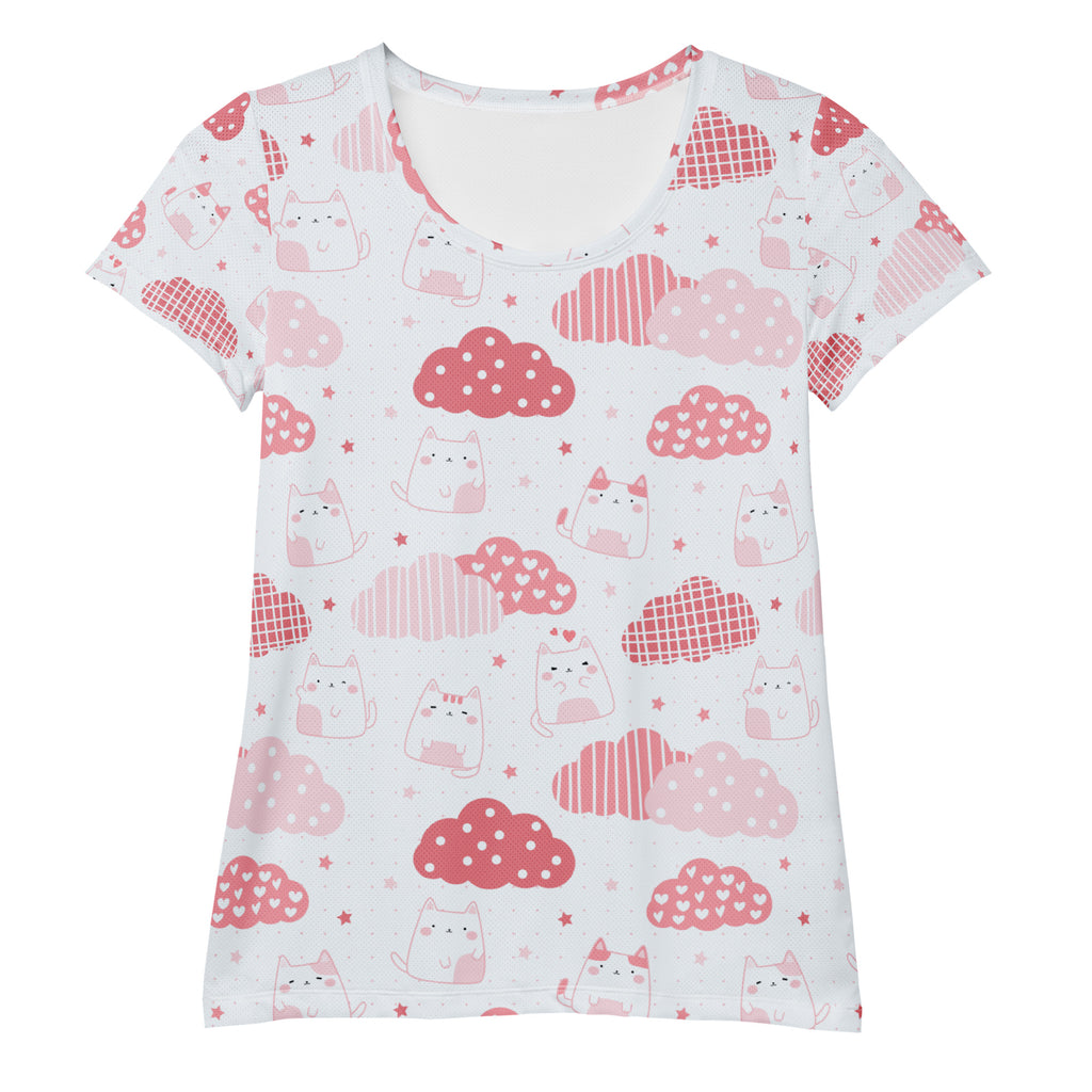 Women’s Kawaii Cats & Clouds Performance Athletic T-Shirt - Lightweight Moisture Wicking Workout Top with UPF 50+