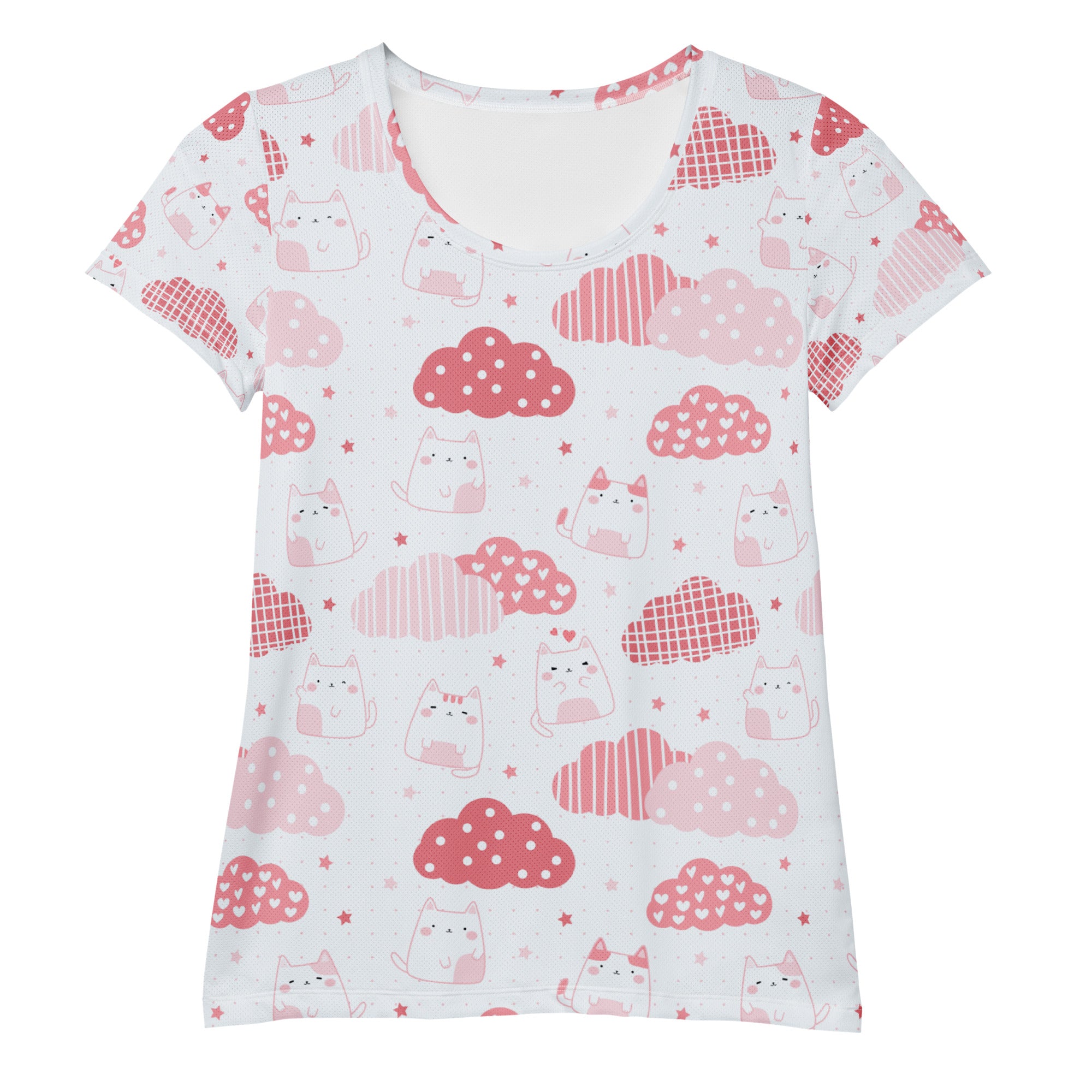 Women’s Kawaii Cats & Clouds Performance Athletic T-Shirt - Lightweight Moisture Wicking Workout Top with UPF 50+