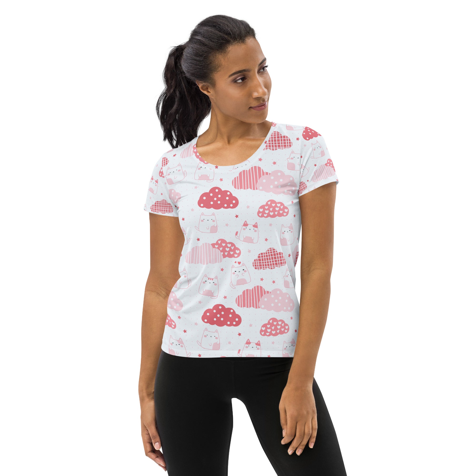 Women’s Kawaii Cats & Clouds Performance Athletic T-Shirt - Lightweight Moisture Wicking Workout Top with UPF 50+