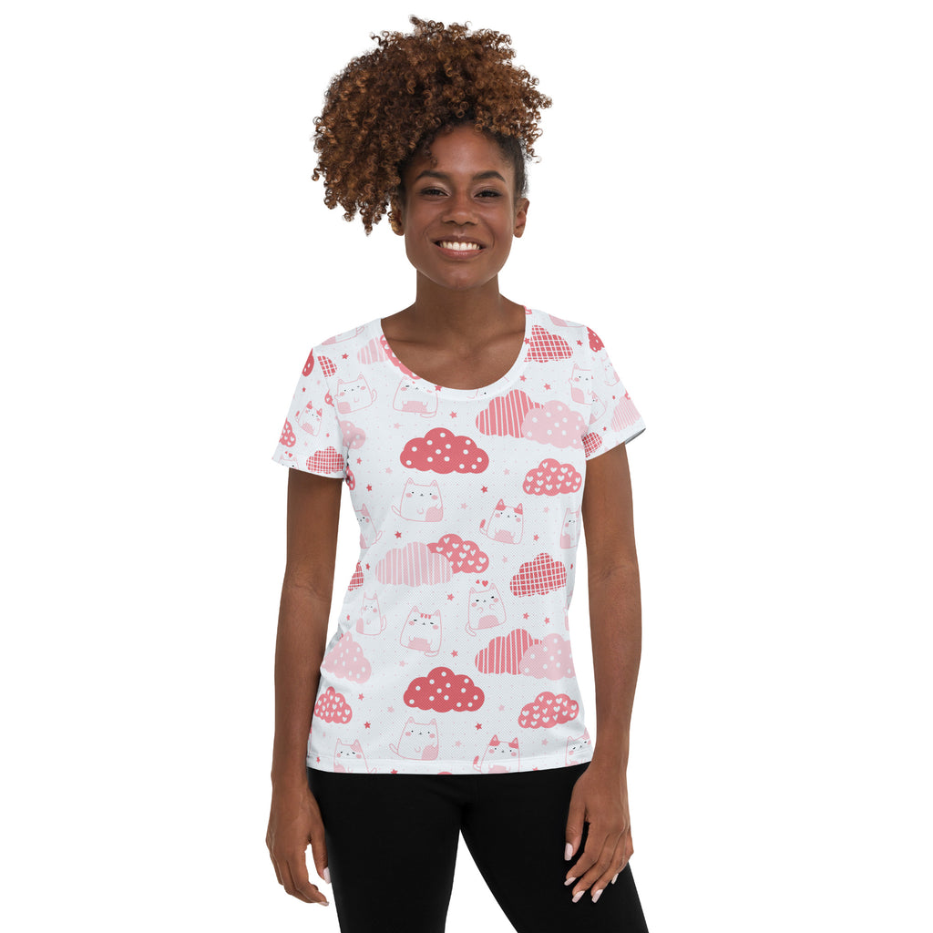 Women’s Kawaii Cats & Clouds Performance Athletic T-Shirt - Lightweight Moisture Wicking Workout Top with UPF 50+