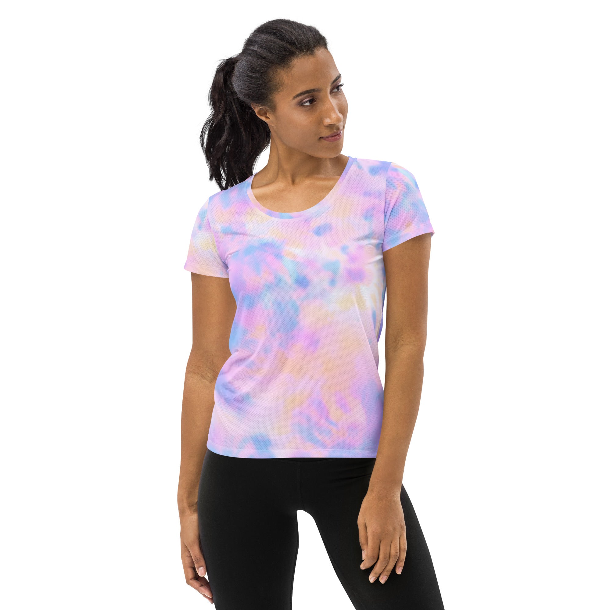 Women’s Pastel Watercolor Tie Dye Performance Athletic T-Shirt - Lightweight Moisture Wicking Workout Top with UPF 50+