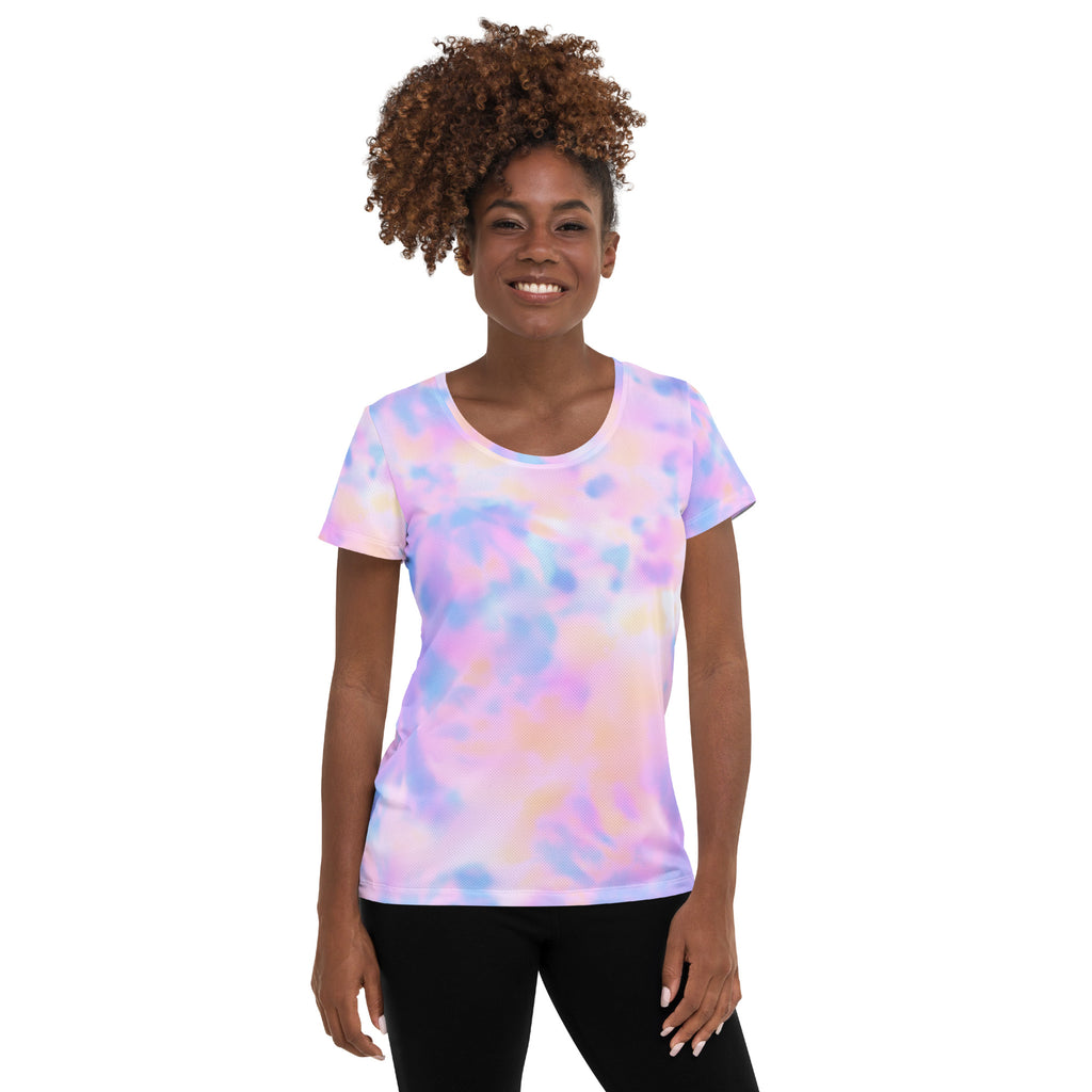 Women’s Pastel Watercolor Tie Dye Performance Athletic T-Shirt - Lightweight Moisture Wicking Workout Top with UPF 50+