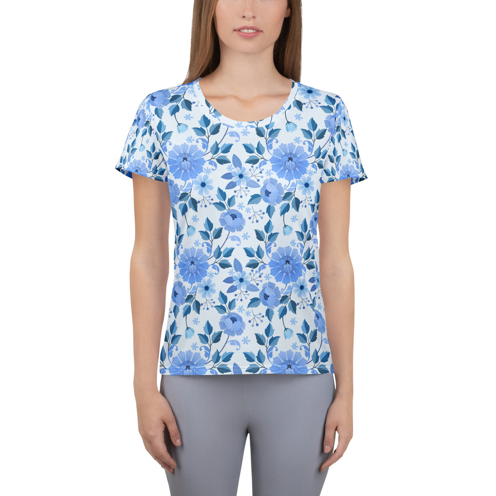 Women’s Blue Floral Performance Athletic T-Shirt - Lightweight Moisture Wicking Workout Top with UPF 50+