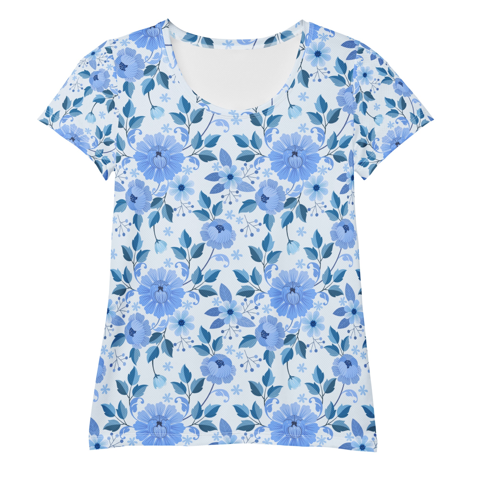Women’s Blue Floral Performance Athletic T-Shirt - Lightweight Moisture Wicking Workout Top with UPF 50+