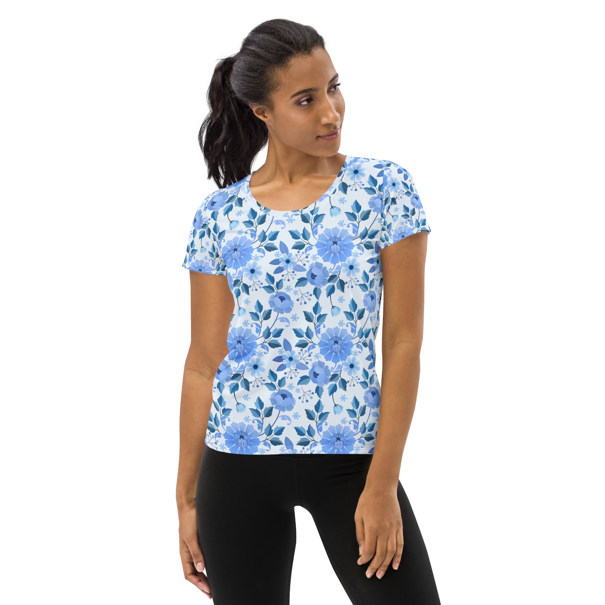 Women’s Blue Floral Performance Athletic T-Shirt - Lightweight Moisture Wicking Workout Top with UPF 50+