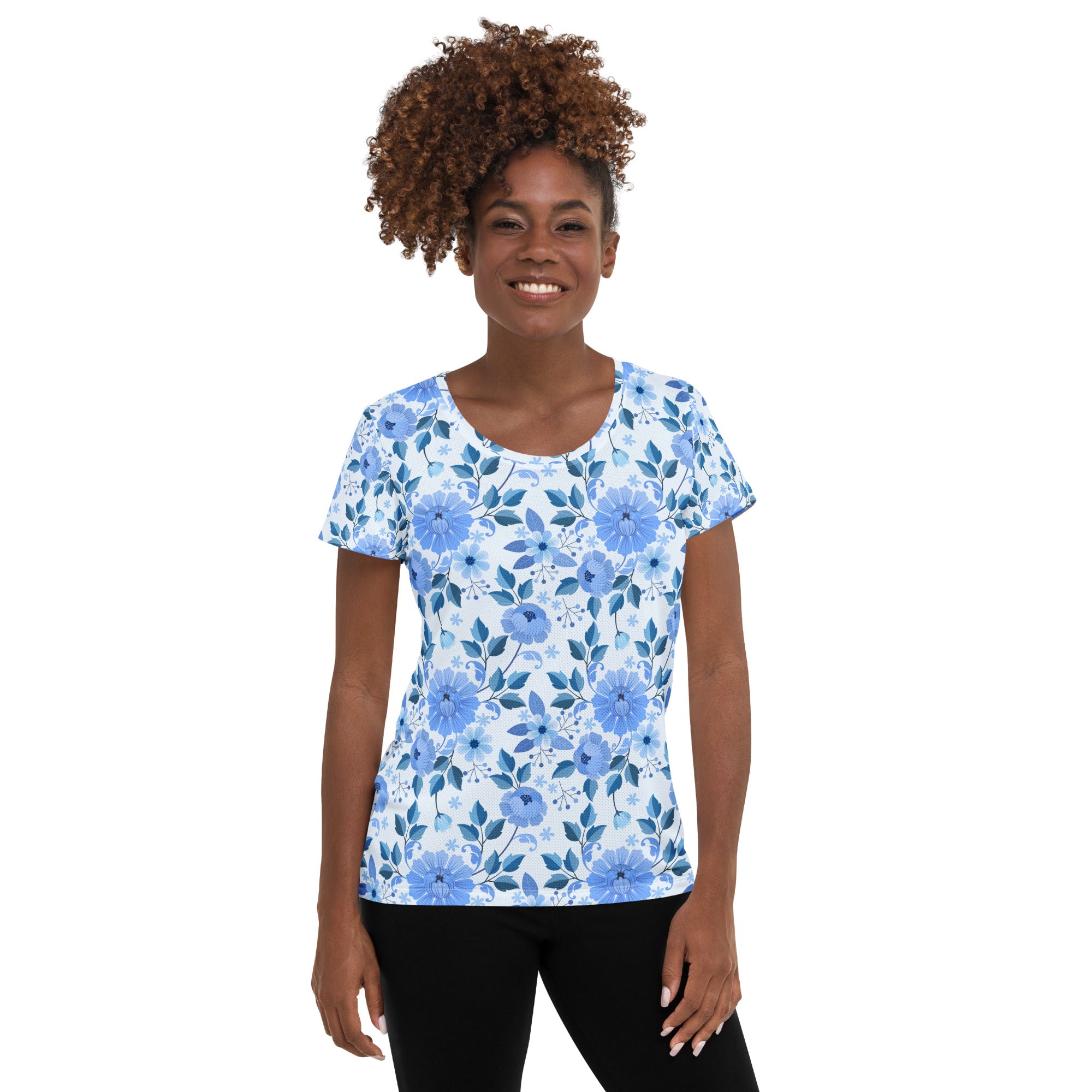 Women’s Blue Floral Performance Athletic T-Shirt - Lightweight Moisture Wicking Workout Top with UPF 50+