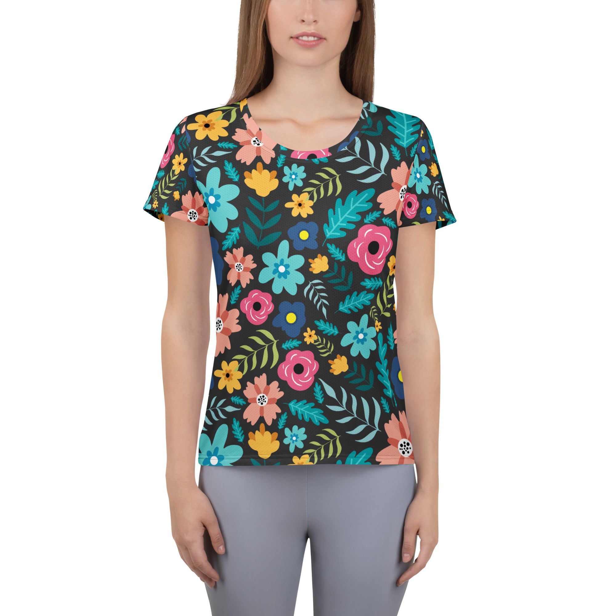 Women’s Dark Botanical Floral Performance Athletic T-Shirt - Lightweight Moisture Wicking Workout Top with UPF 50+