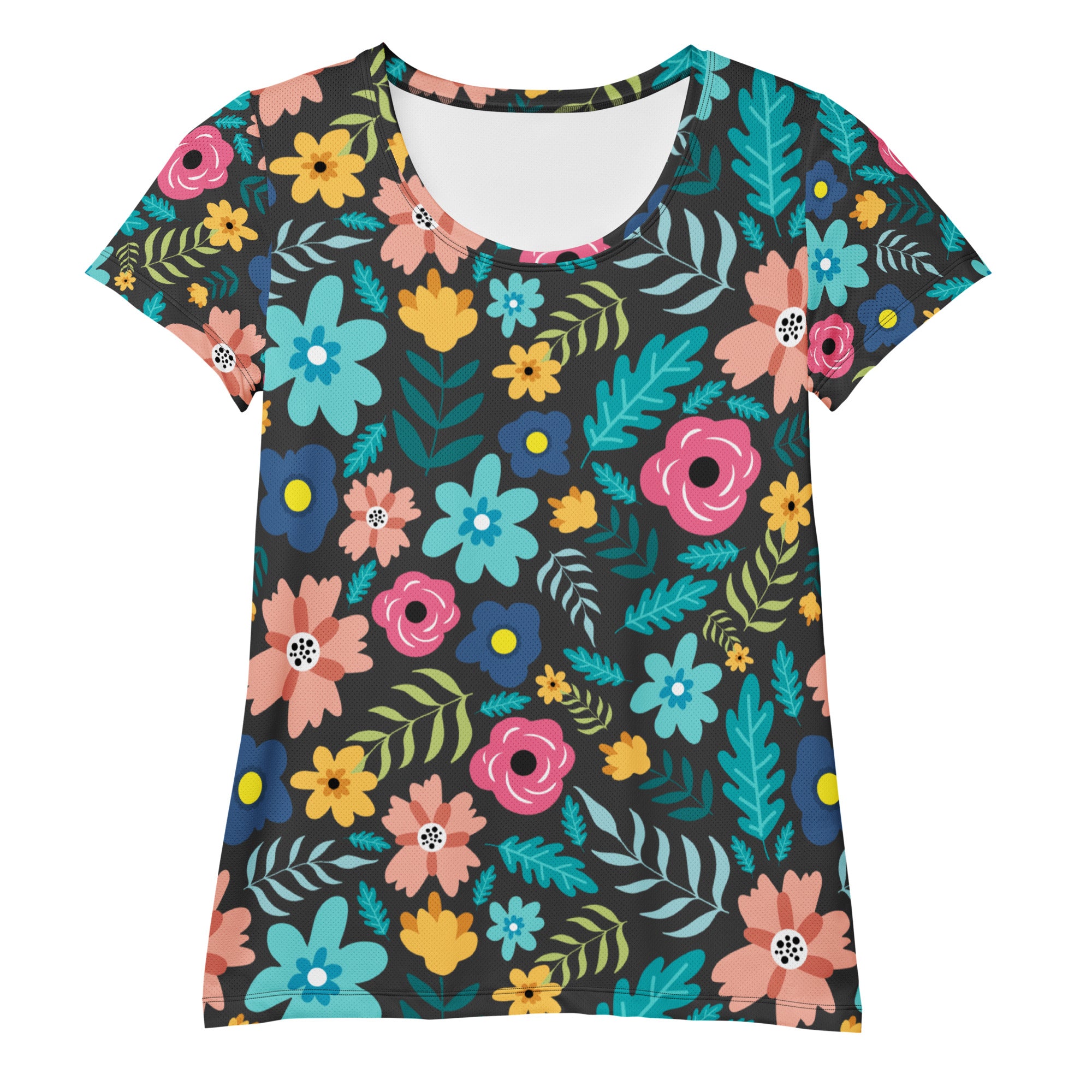 Women’s Dark Botanical Floral Performance Athletic T-Shirt - Lightweight Moisture Wicking Workout Top with UPF 50+