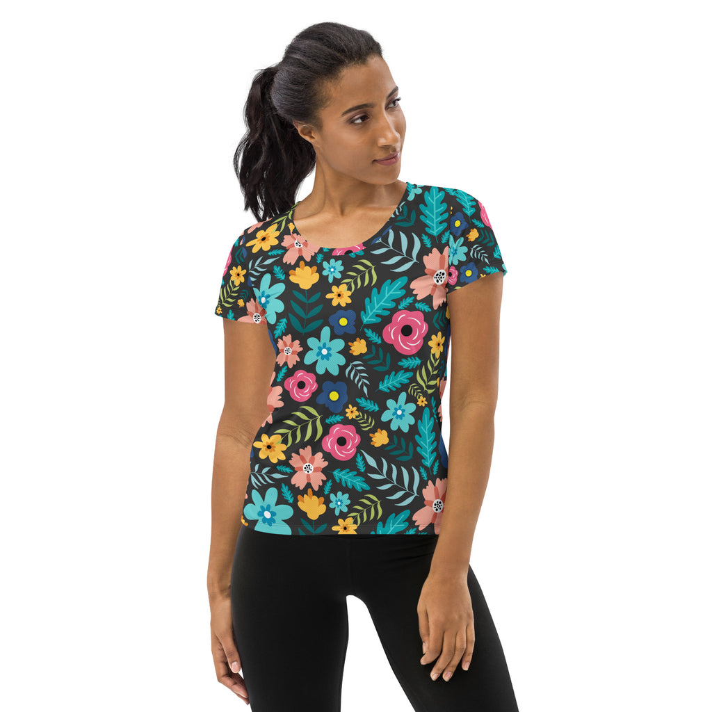 Women’s Dark Botanical Floral Performance Athletic T-Shirt - Lightweight Moisture Wicking Workout Top with UPF 50+