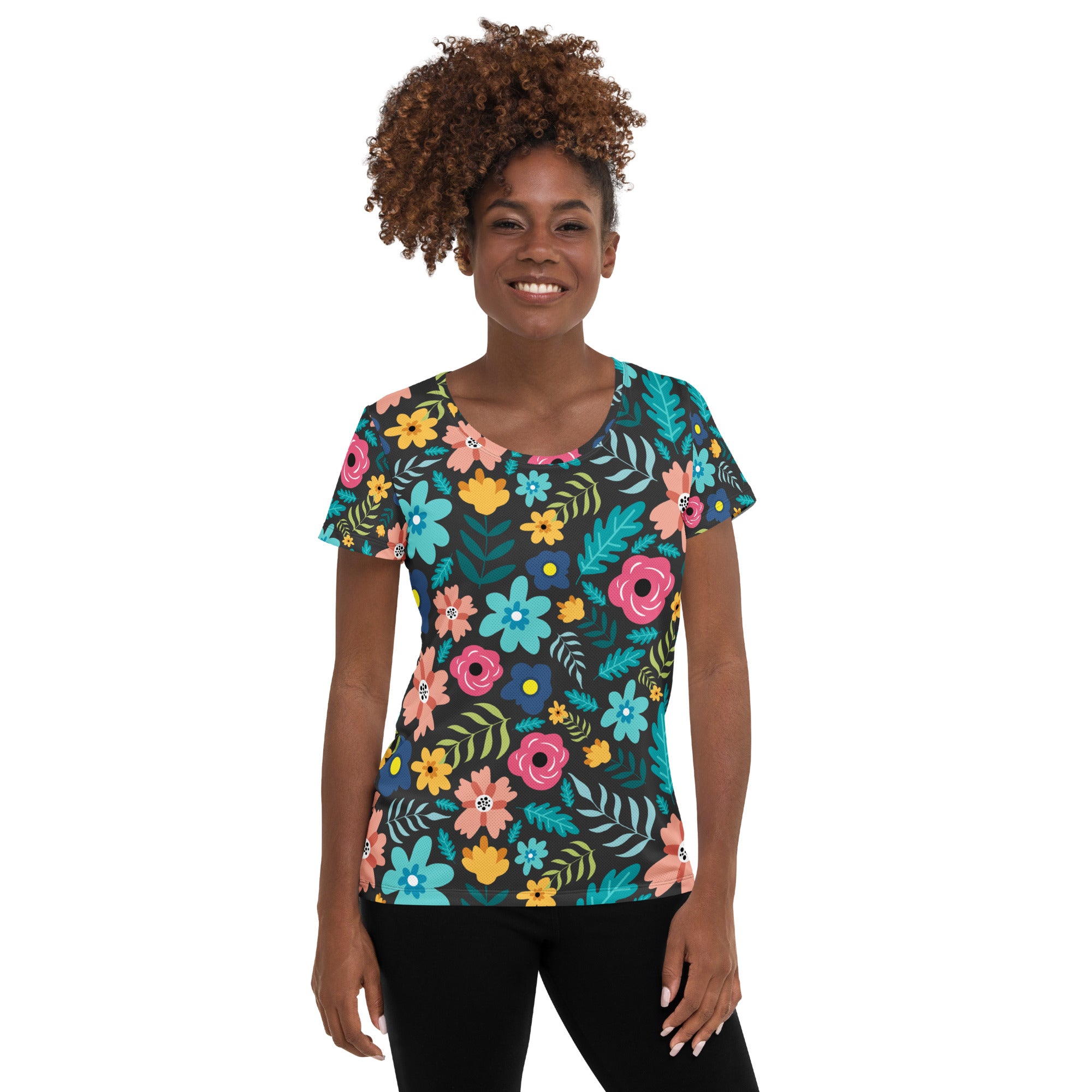 Women’s Dark Botanical Floral Performance Athletic T-Shirt - Lightweight Moisture Wicking Workout Top with UPF 50+