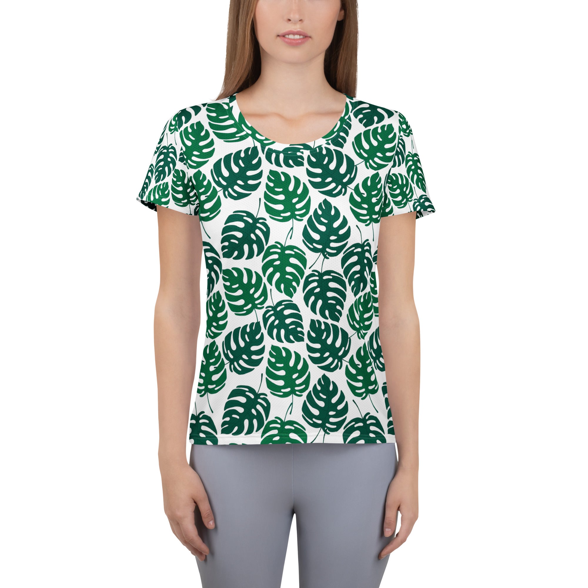 Women’s Monstera Leaf Performance Athletic T-Shirt - Lightweight Moisture Wicking Workout Top with UPF 50+