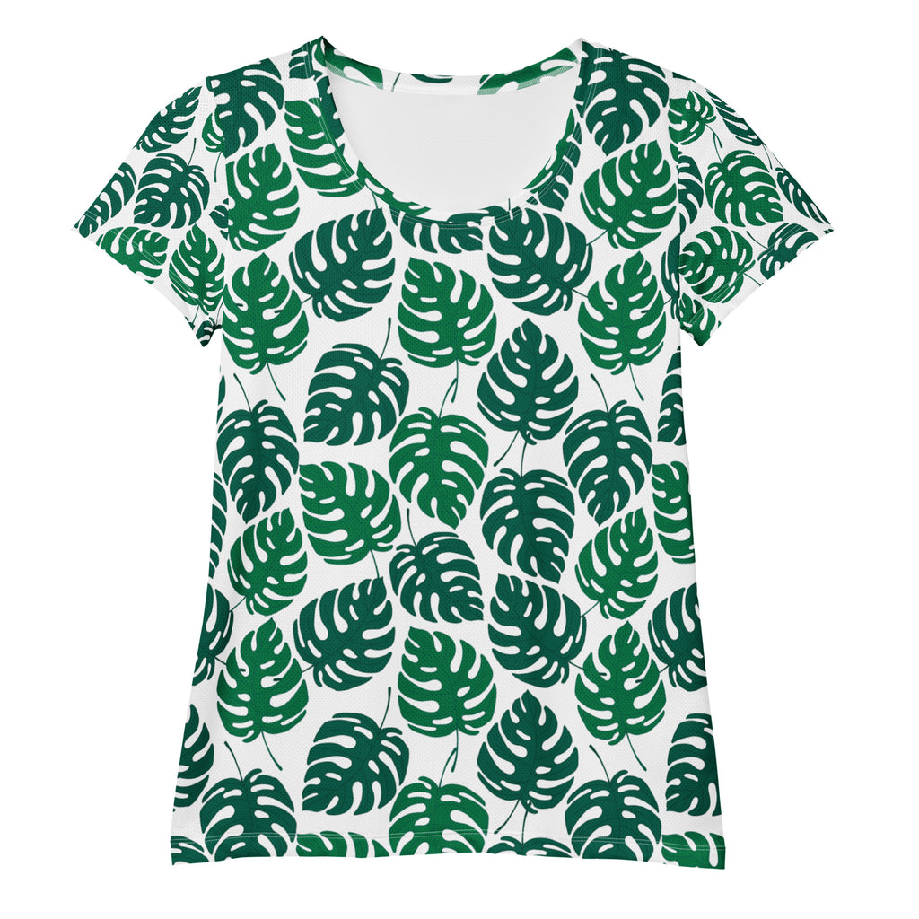 Women’s Monstera Leaf Performance Athletic T-Shirt - Lightweight Moisture Wicking Workout Top with UPF 50+