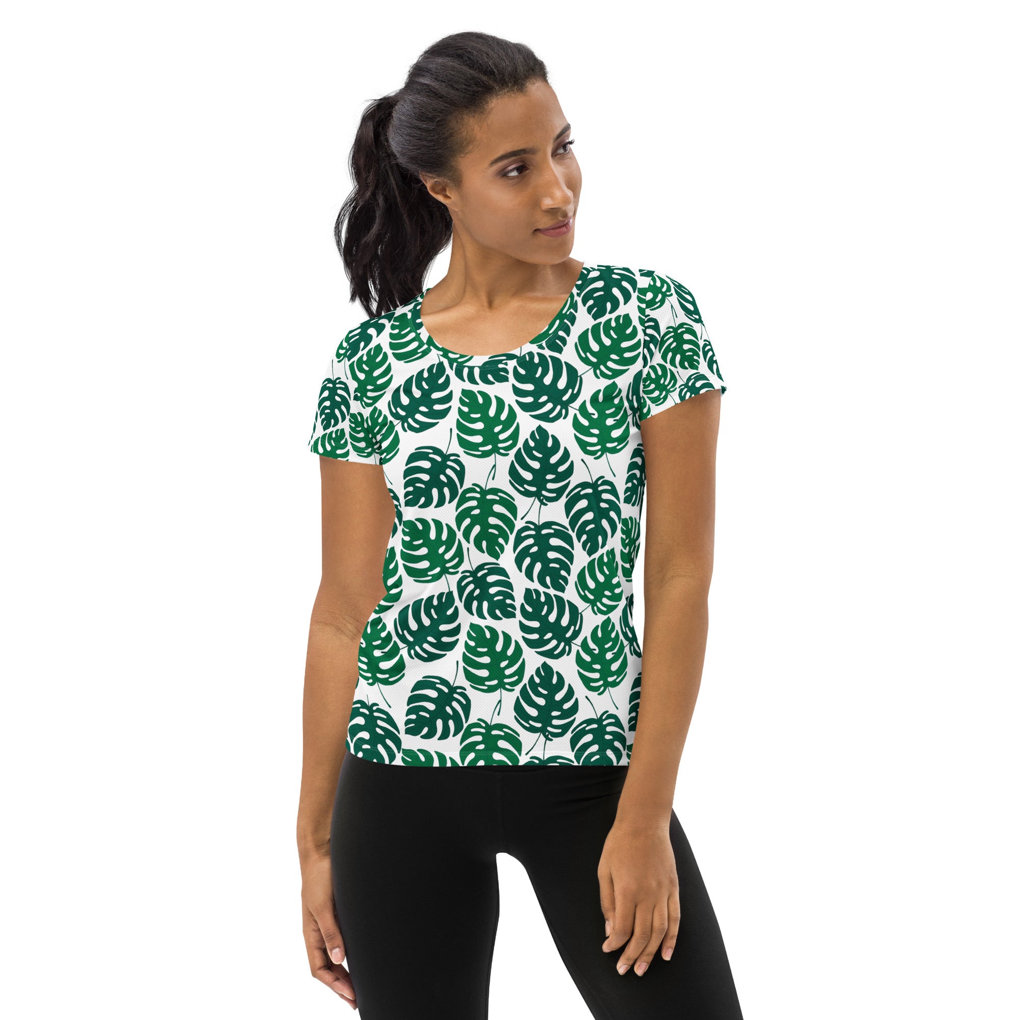 Women’s Monstera Leaf Performance Athletic T-Shirt - Lightweight Moisture Wicking Workout Top with UPF 50+