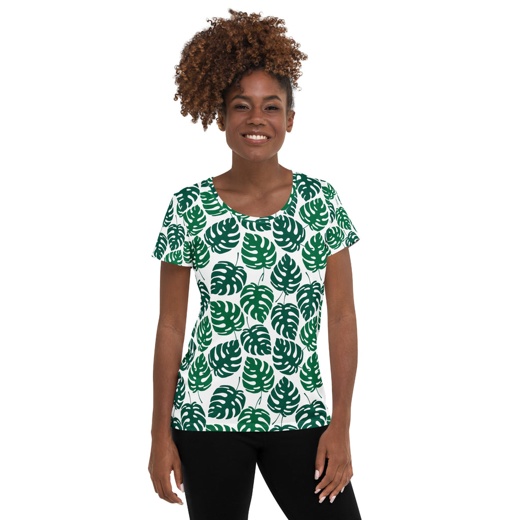 Women’s Monstera Leaf Performance Athletic T-Shirt - Lightweight Moisture Wicking Workout Top with UPF 50+