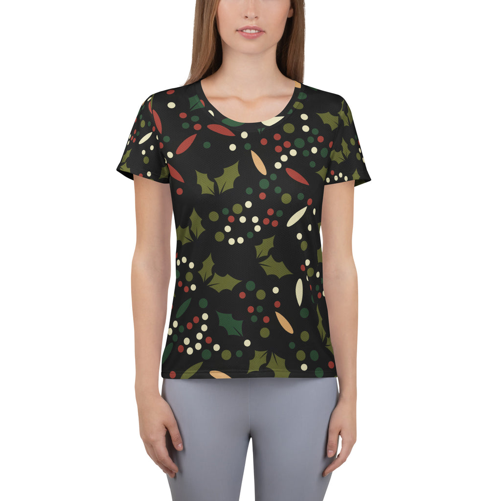 Women’s Christmas Holly Performance Athletic T-Shirt - Lightweight Moisture Wicking Workout Top with UPF 50+