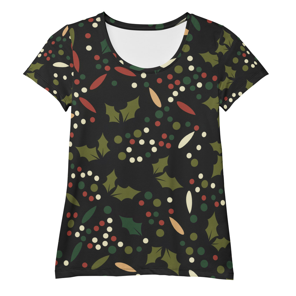 Women’s Christmas Holly Performance Athletic T-Shirt - Lightweight Moisture Wicking Workout Top with UPF 50+
