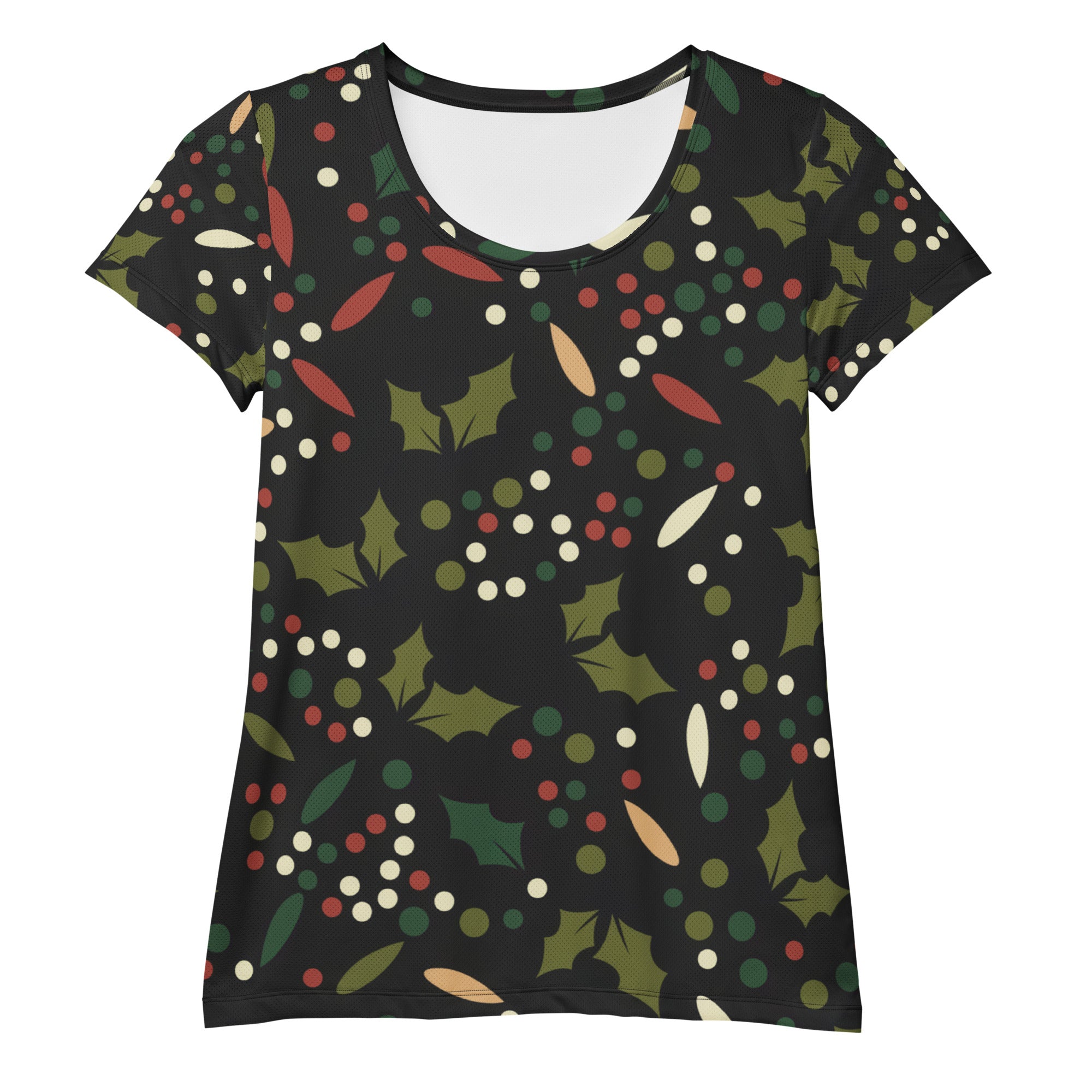 Women’s Christmas Holly Performance Athletic T-Shirt - Lightweight Moisture Wicking Workout Top with UPF 50+