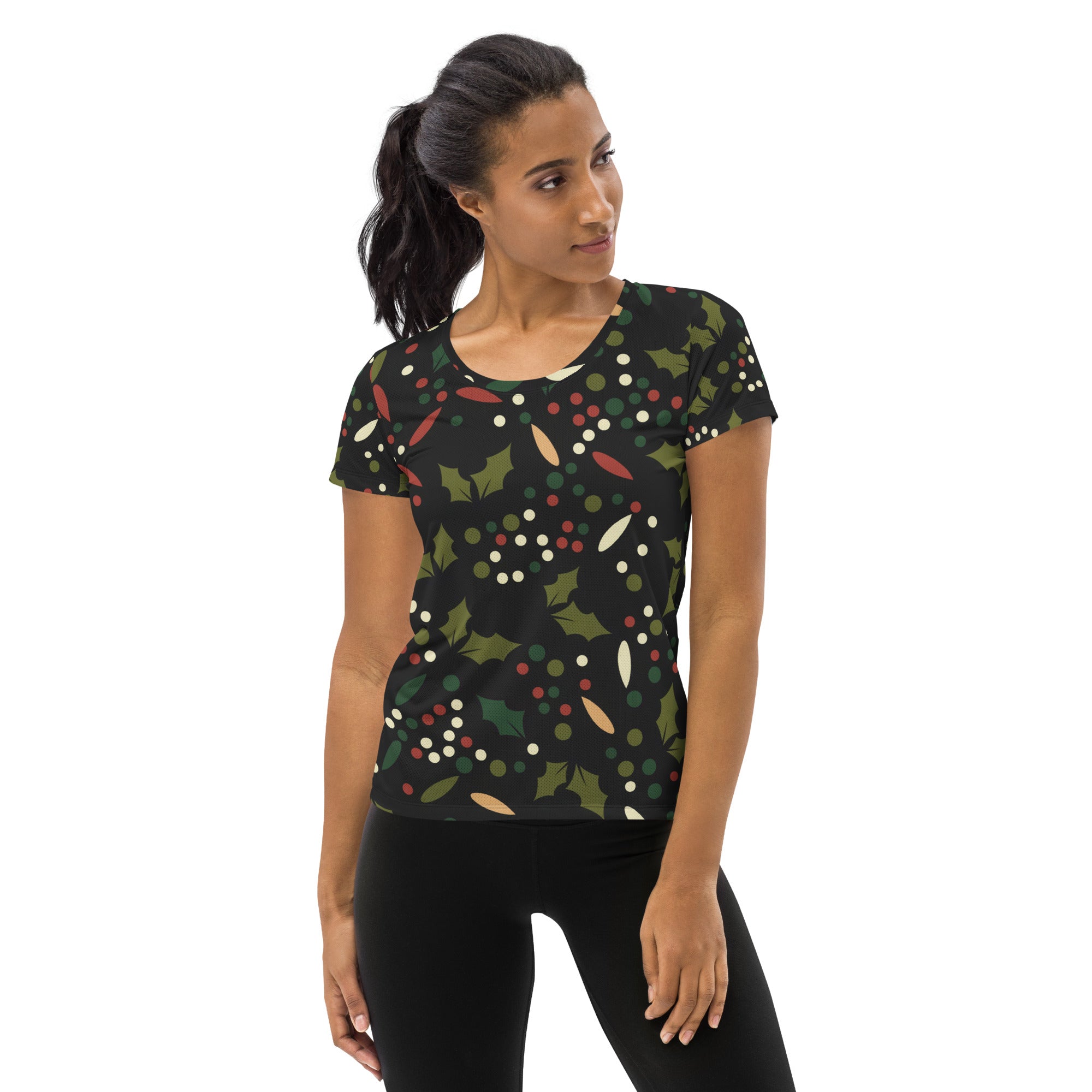 Women’s Christmas Holly Performance Athletic T-Shirt - Lightweight Moisture Wicking Workout Top with UPF 50+