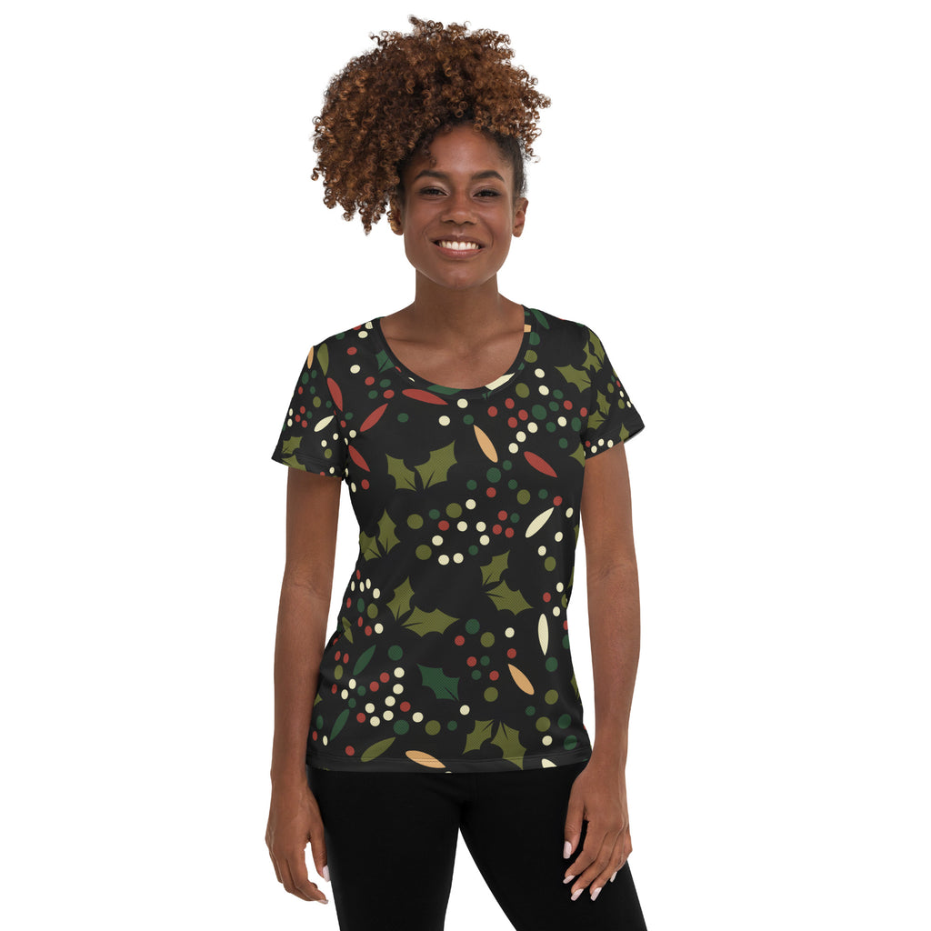 Women’s Christmas Holly Performance Athletic T-Shirt - Lightweight Moisture Wicking Workout Top with UPF 50+