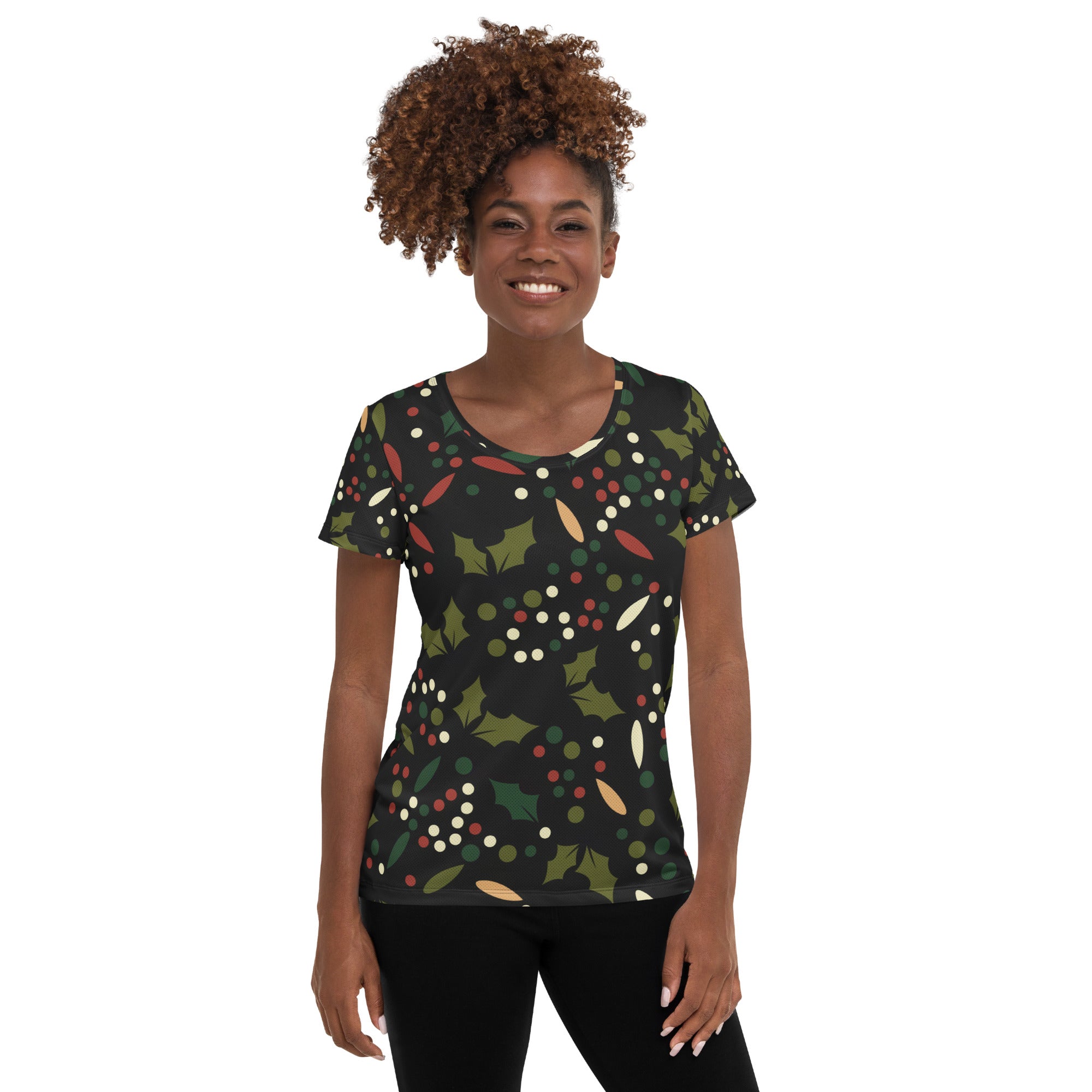 Women’s Christmas Holly Performance Athletic T-Shirt - Lightweight Moisture Wicking Workout Top with UPF 50+