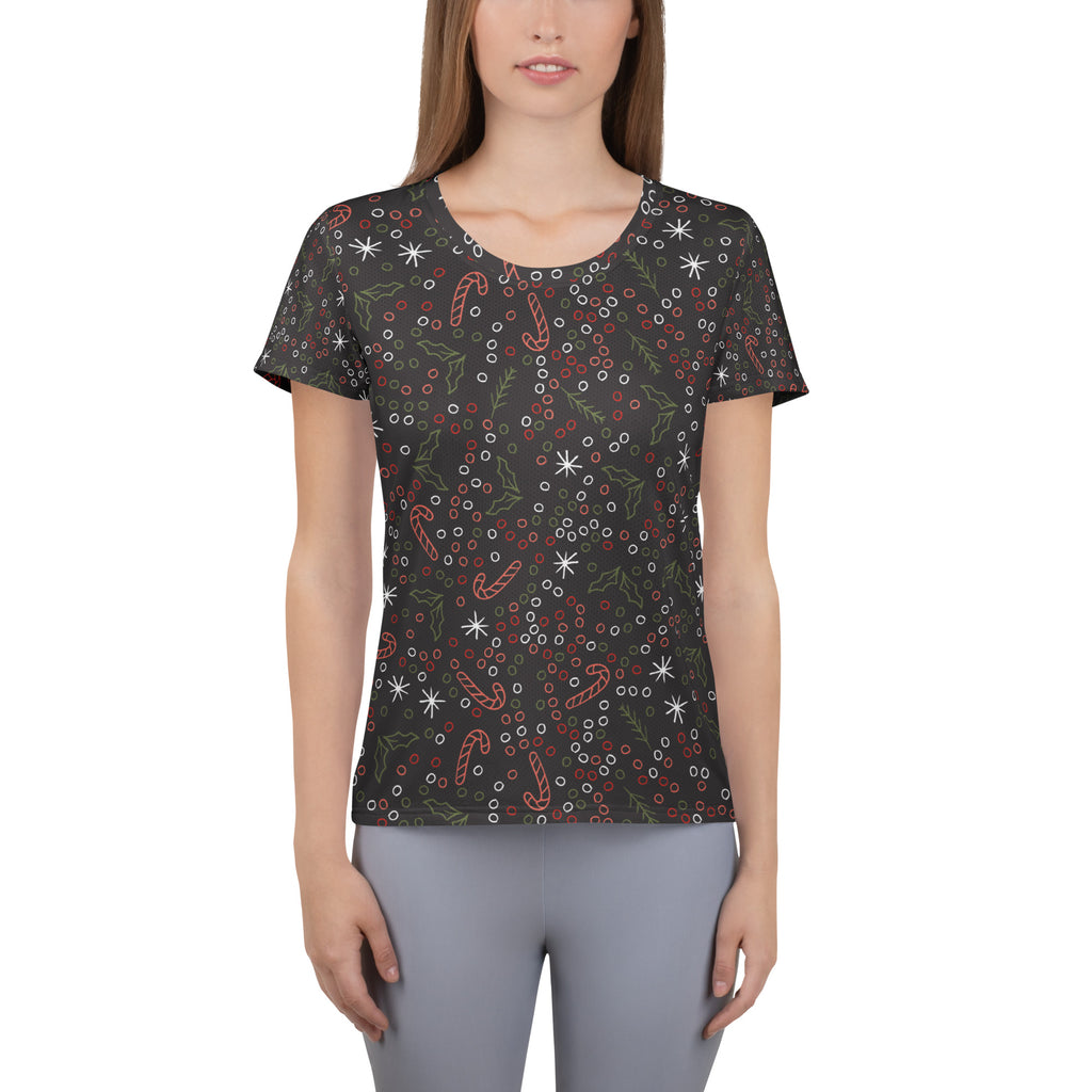 Women’s Christmas Candy Cane Performance Athletic T-Shirt - Lightweight Moisture Wicking Workout Top with UPF 50+