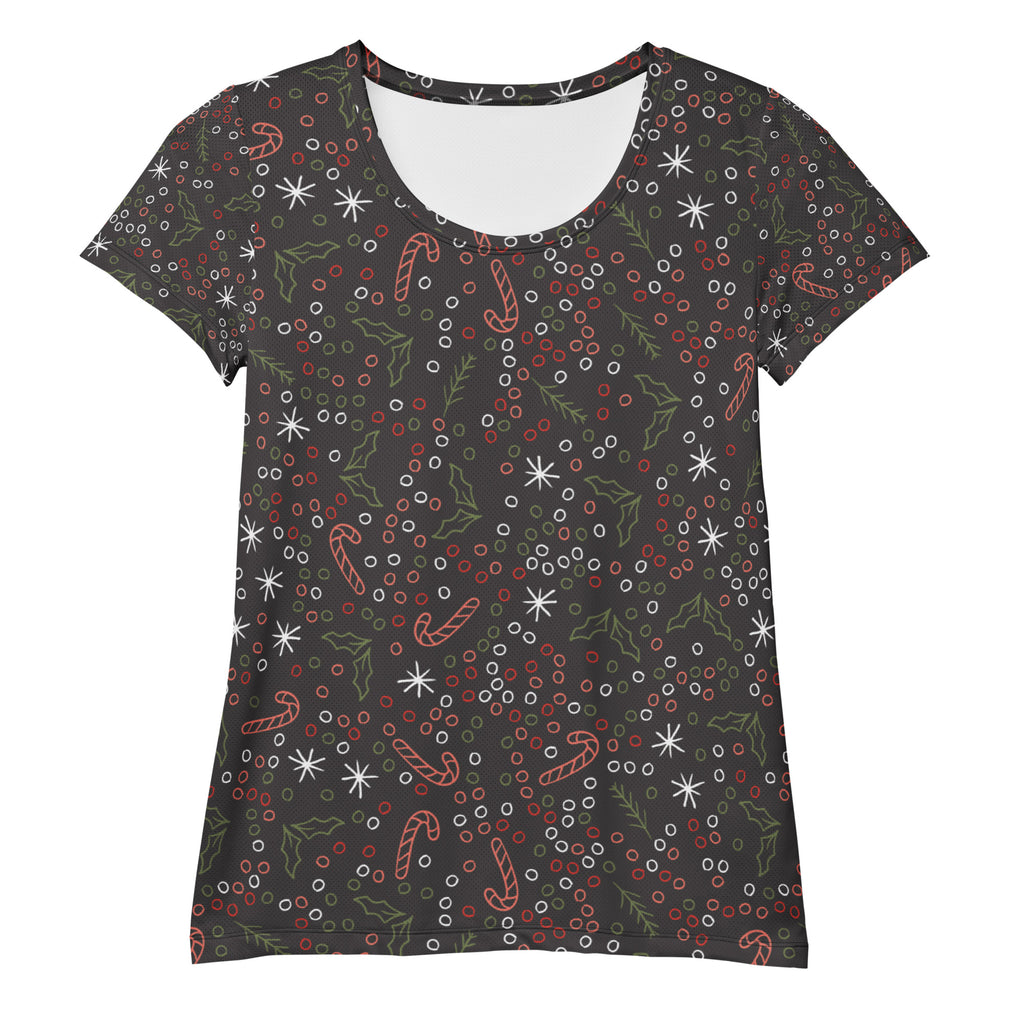 Women’s Christmas Candy Cane Performance Athletic T-Shirt - Lightweight Moisture Wicking Workout Top with UPF 50+