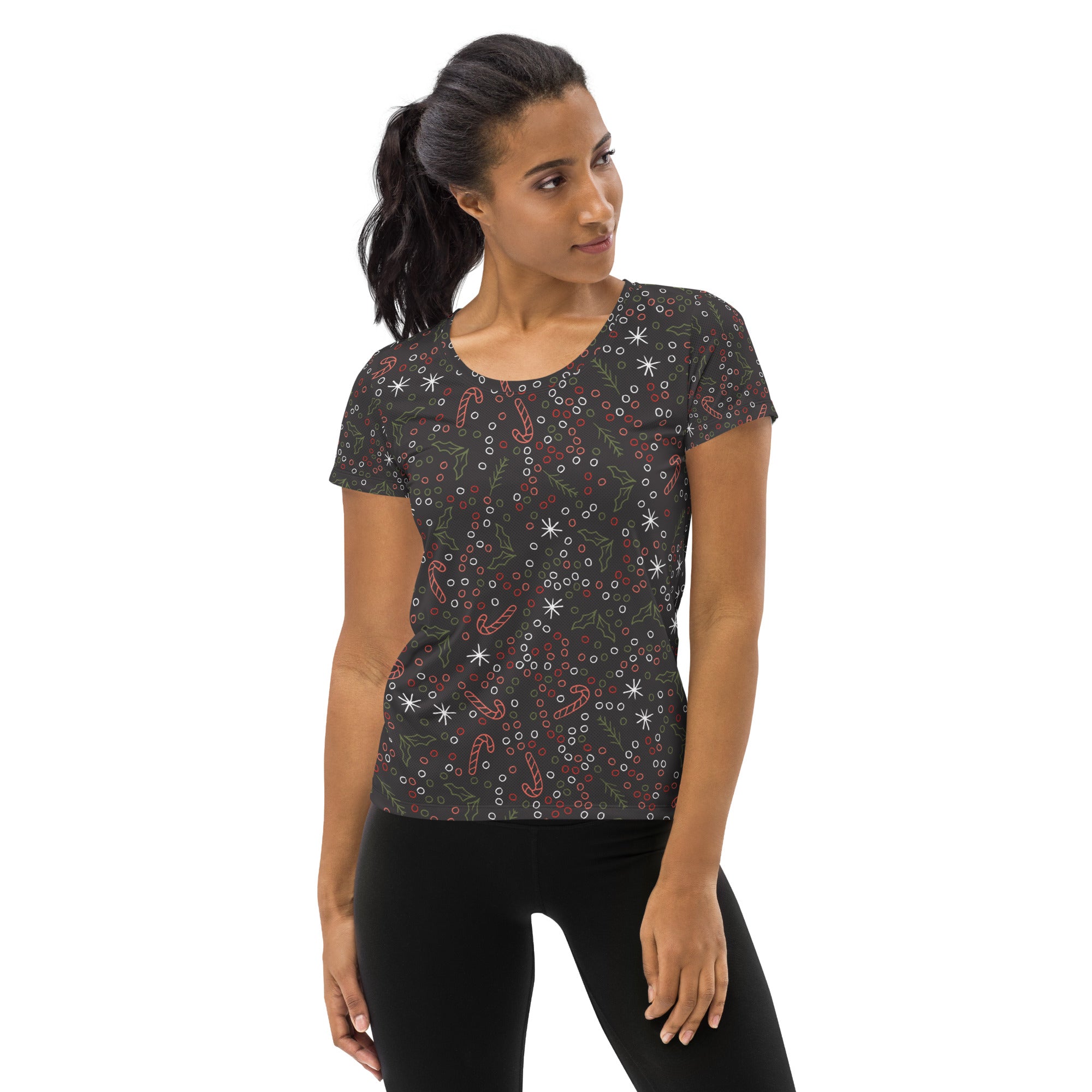 Women’s Christmas Candy Cane Performance Athletic T-Shirt - Lightweight Moisture Wicking Workout Top with UPF 50+
