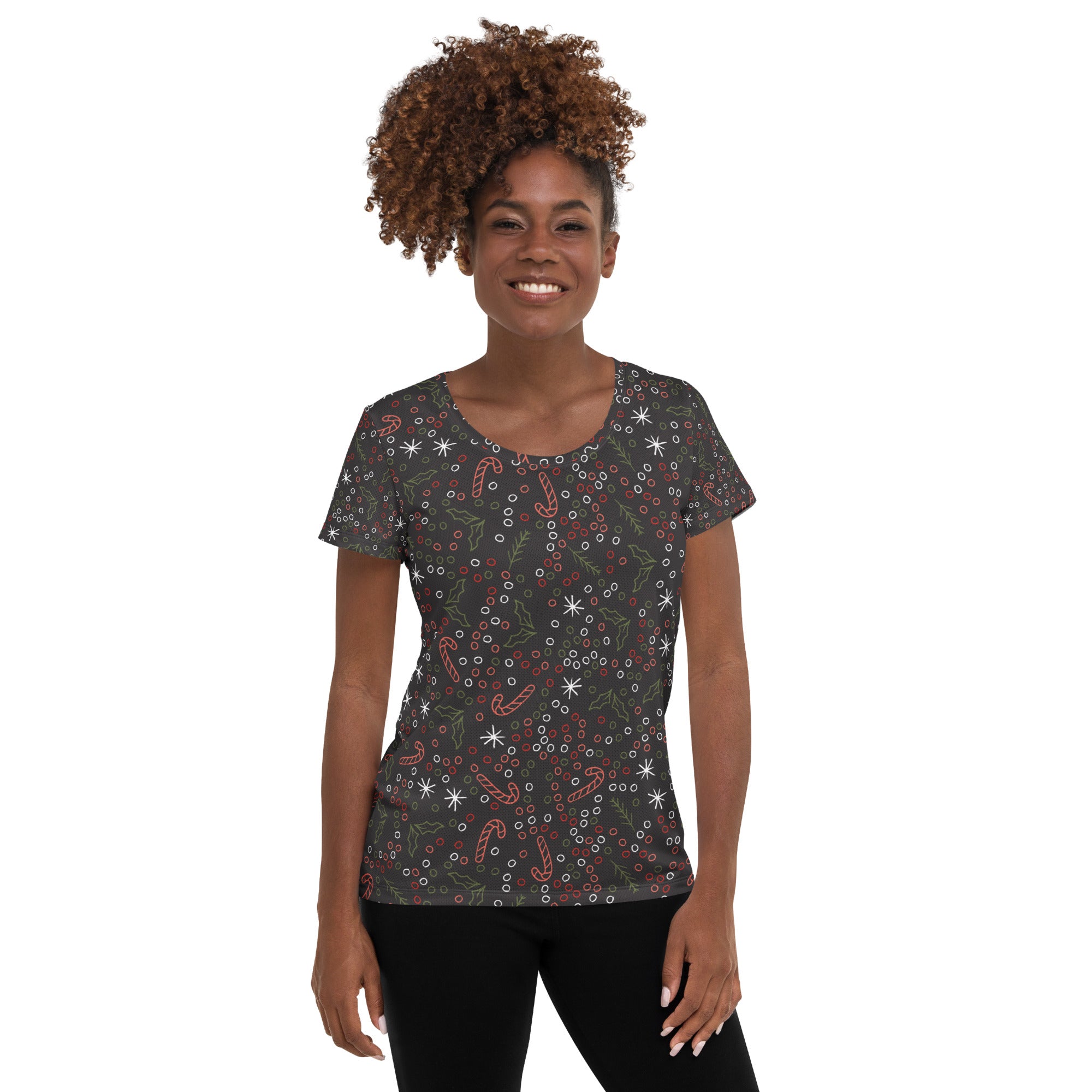 Women’s Christmas Candy Cane Performance Athletic T-Shirt - Lightweight Moisture Wicking Workout Top with UPF 50+