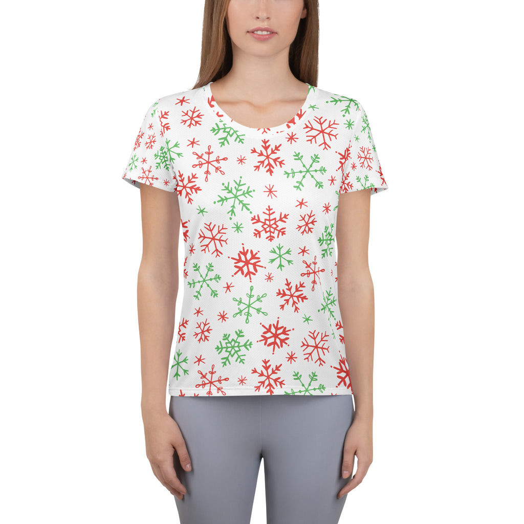 Women’s Red & Green Candy Cane Snowflake Performance Athletic T-Shirt - Lightweight Moisture Wicking Workout Top with UPF 50+