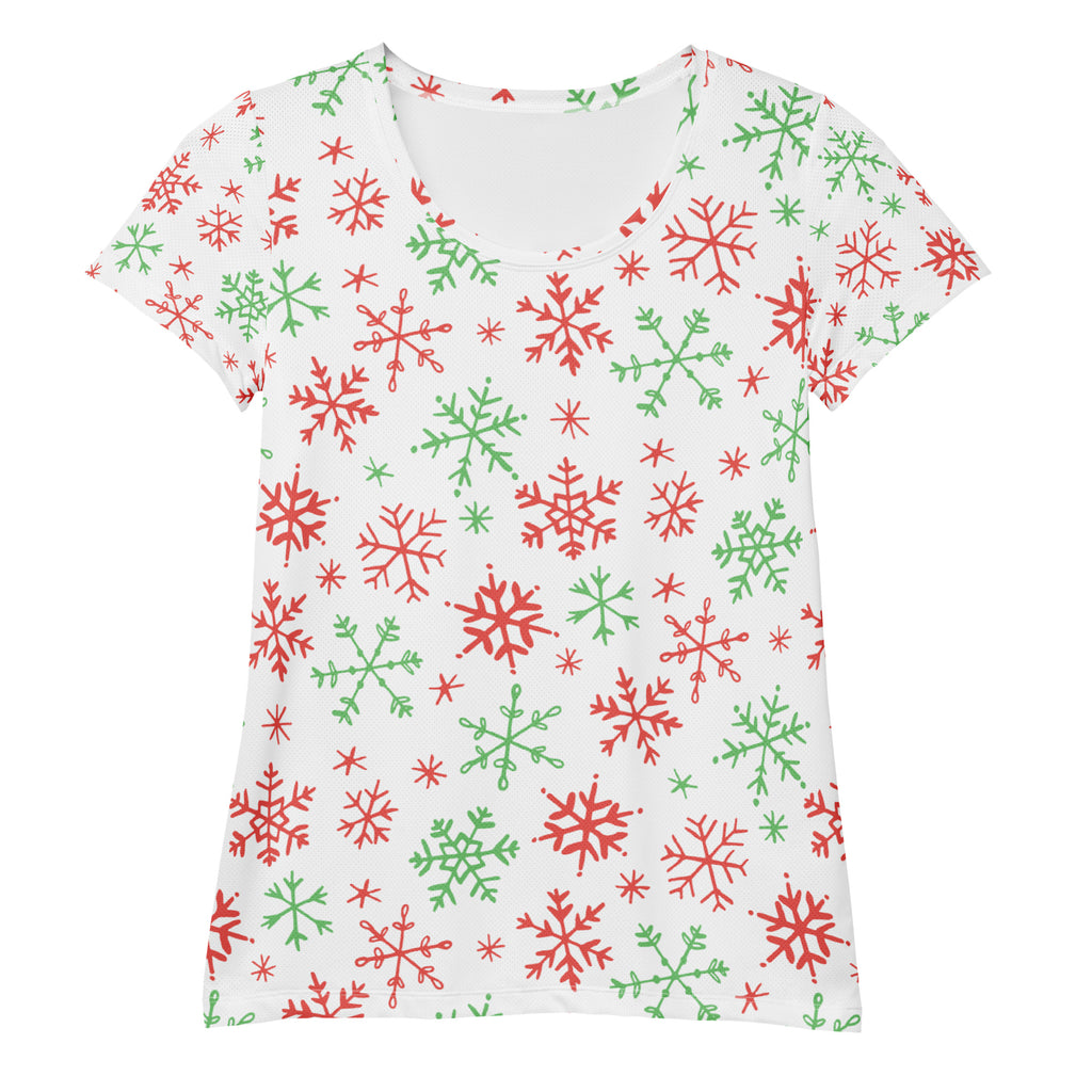 Women’s Red & Green Candy Cane Snowflake Performance Athletic T-Shirt - Lightweight Moisture Wicking Workout Top with UPF 50+