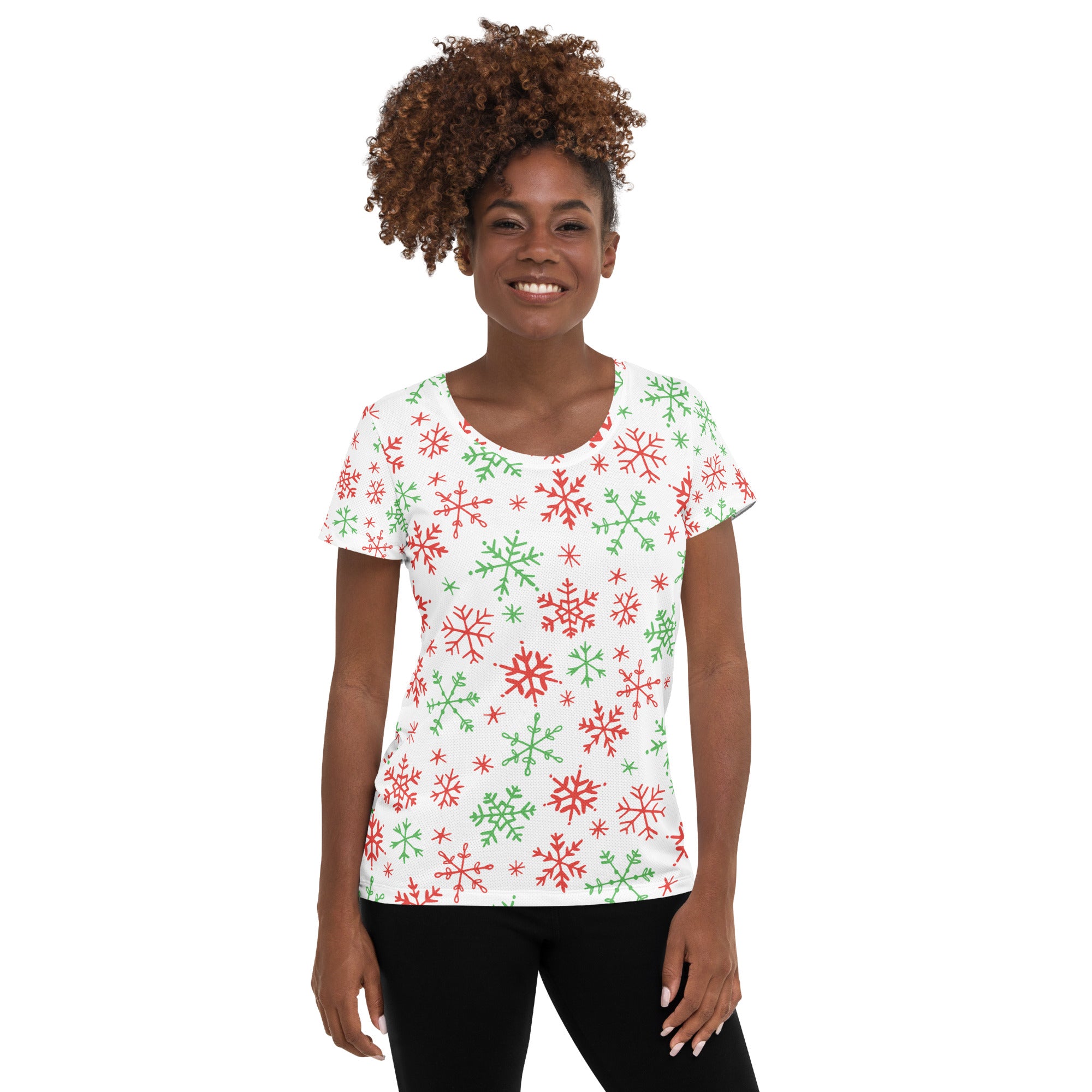 Women’s Red & Green Candy Cane Snowflake Performance Athletic T-Shirt - Lightweight Moisture Wicking Workout Top with UPF 50+