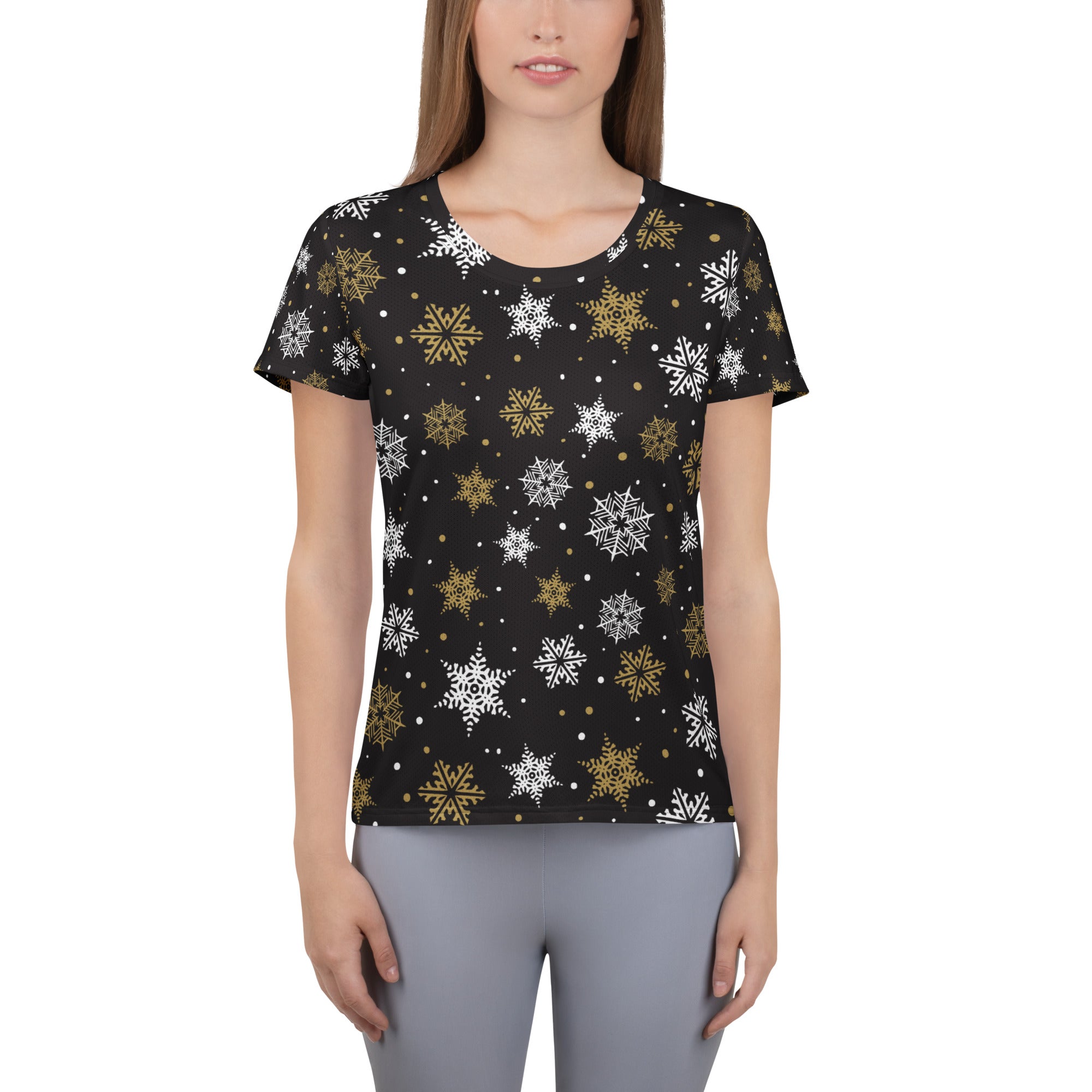 Women’s Gold Snowflake Performance Athletic T-Shirt - Lightweight Moisture Wicking Workout Top with UPF 50+
