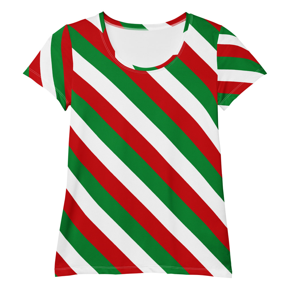 Women’s Christmas Candy Cane Stripe Performance Athletic T-Shirt - Lightweight Moisture Wicking Workout Top with UPF 50+
