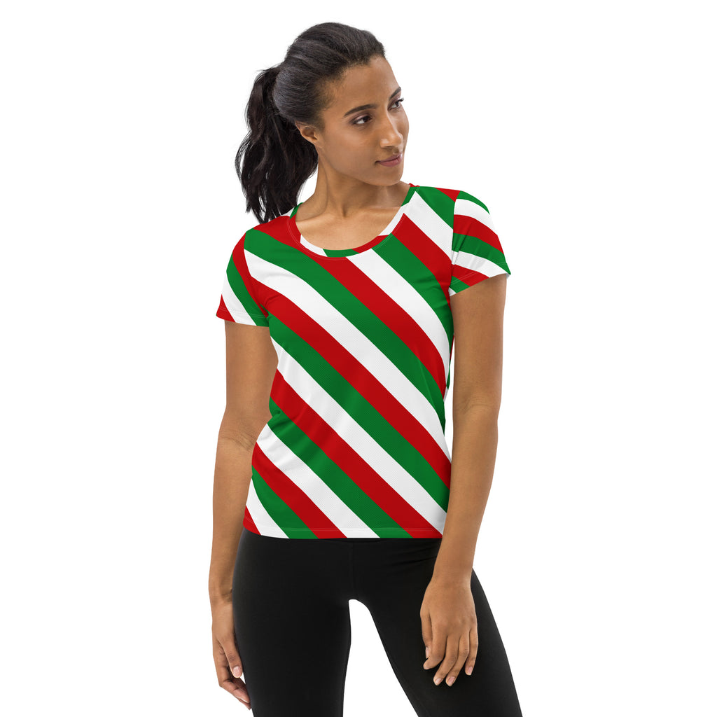 Women’s Christmas Candy Cane Stripe Performance Athletic T-Shirt - Lightweight Moisture Wicking Workout Top with UPF 50+