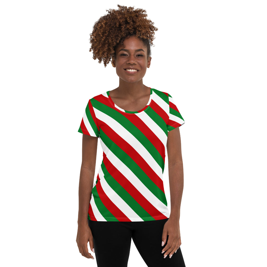 Women’s Christmas Candy Cane Stripe Performance Athletic T-Shirt - Lightweight Moisture Wicking Workout Top with UPF 50+