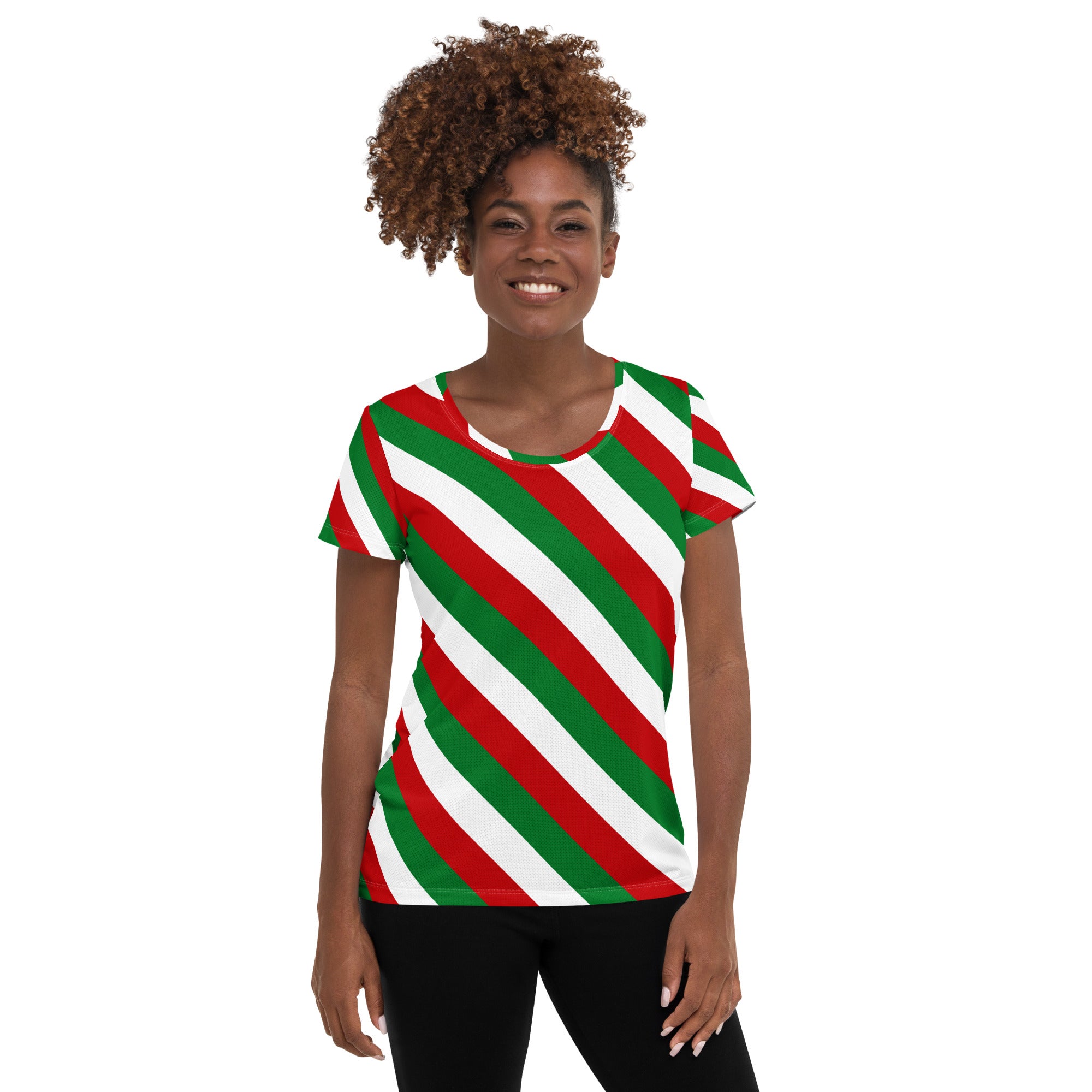Women’s Christmas Candy Cane Stripe Performance Athletic T-Shirt - Lightweight Moisture Wicking Workout Top with UPF 50+