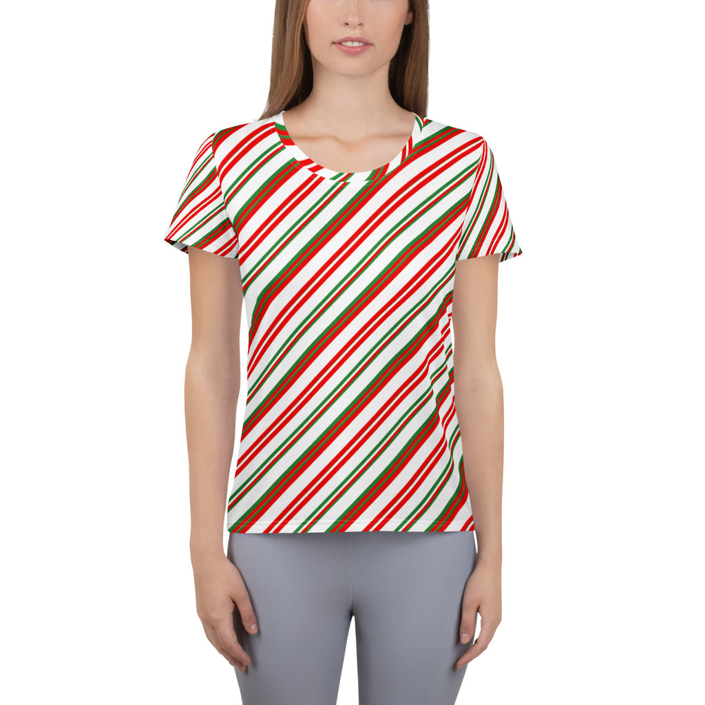 Women’s Christmas Peppermint Stripe Performance Athletic T-Shirt - Lightweight Moisture Wicking Workout Top with UPF 50+