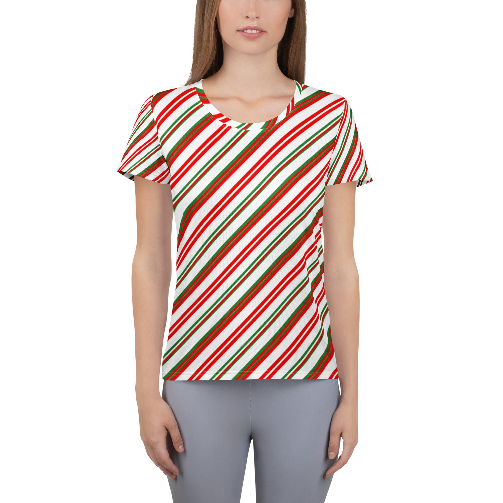 Women’s Christmas Peppermint Stripe Performance Athletic T-Shirt - Lightweight Moisture Wicking Workout Top with UPF 50+