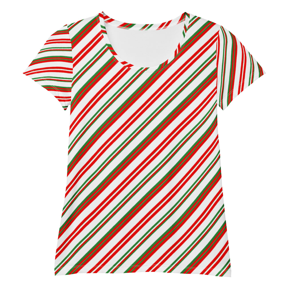 Women’s Christmas Peppermint Stripe Performance Athletic T-Shirt - Lightweight Moisture Wicking Workout Top with UPF 50+