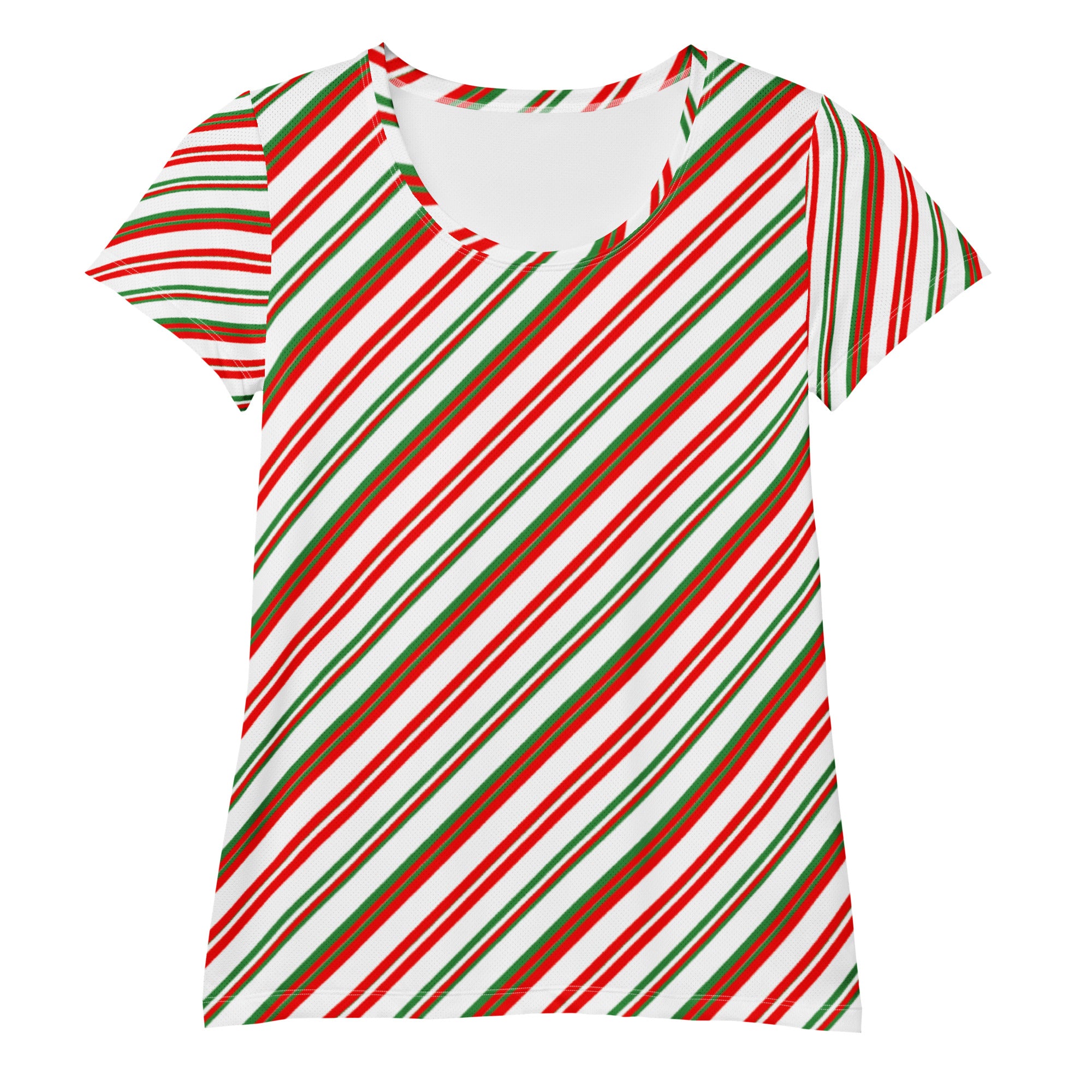 Women’s Christmas Peppermint Stripe Performance Athletic T-Shirt - Lightweight Moisture Wicking Workout Top with UPF 50+