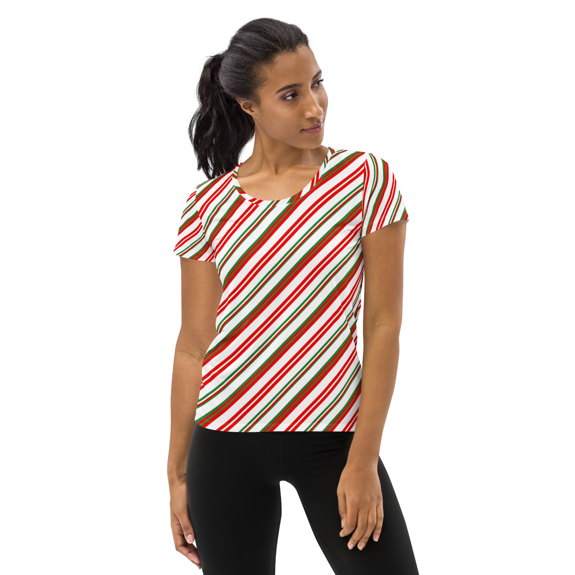Women’s Christmas Peppermint Stripe Performance Athletic T-Shirt - Lightweight Moisture Wicking Workout Top with UPF 50+