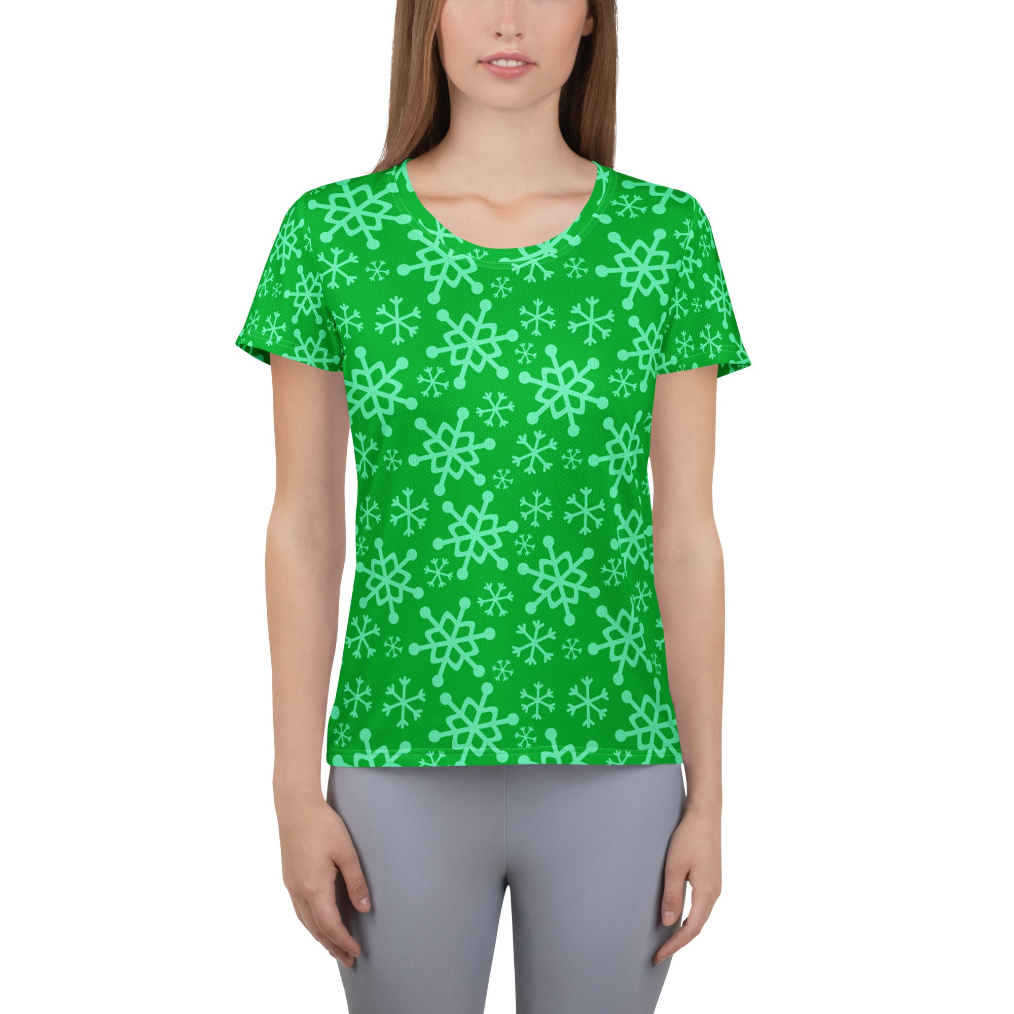 Women’s Green Snowflake Performance Athletic T-Shirt - Lightweight Moisture Wicking Workout Top with UPF 50+
