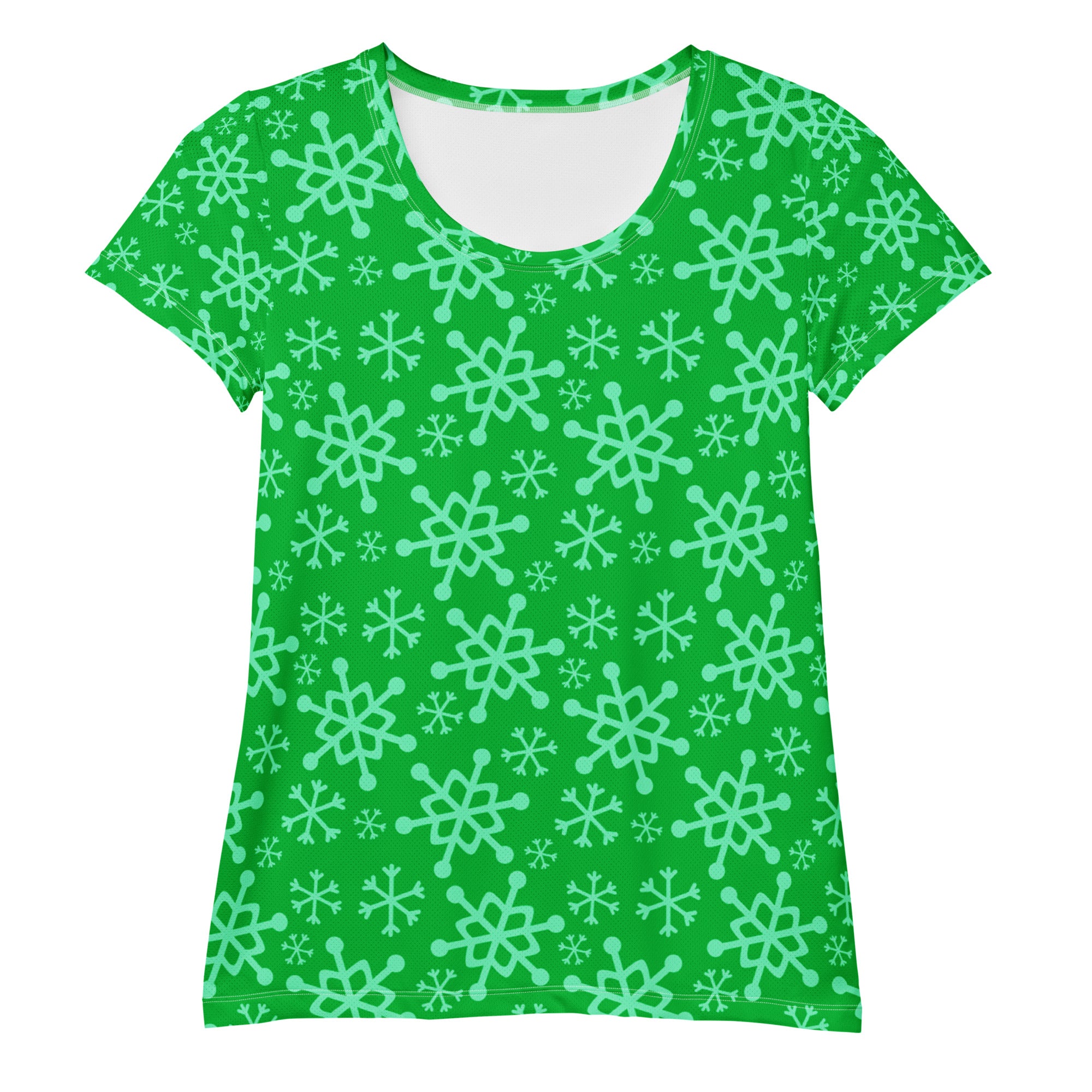 Women’s Green Snowflake Performance Athletic T-Shirt - Lightweight Moisture Wicking Workout Top with UPF 50+