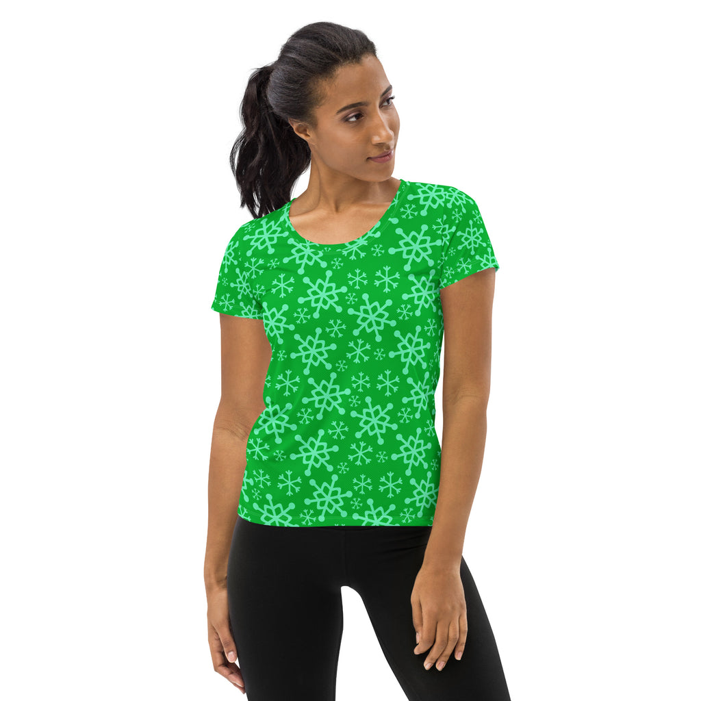Women’s Green Snowflake Performance Athletic T-Shirt - Lightweight Moisture Wicking Workout Top with UPF 50+