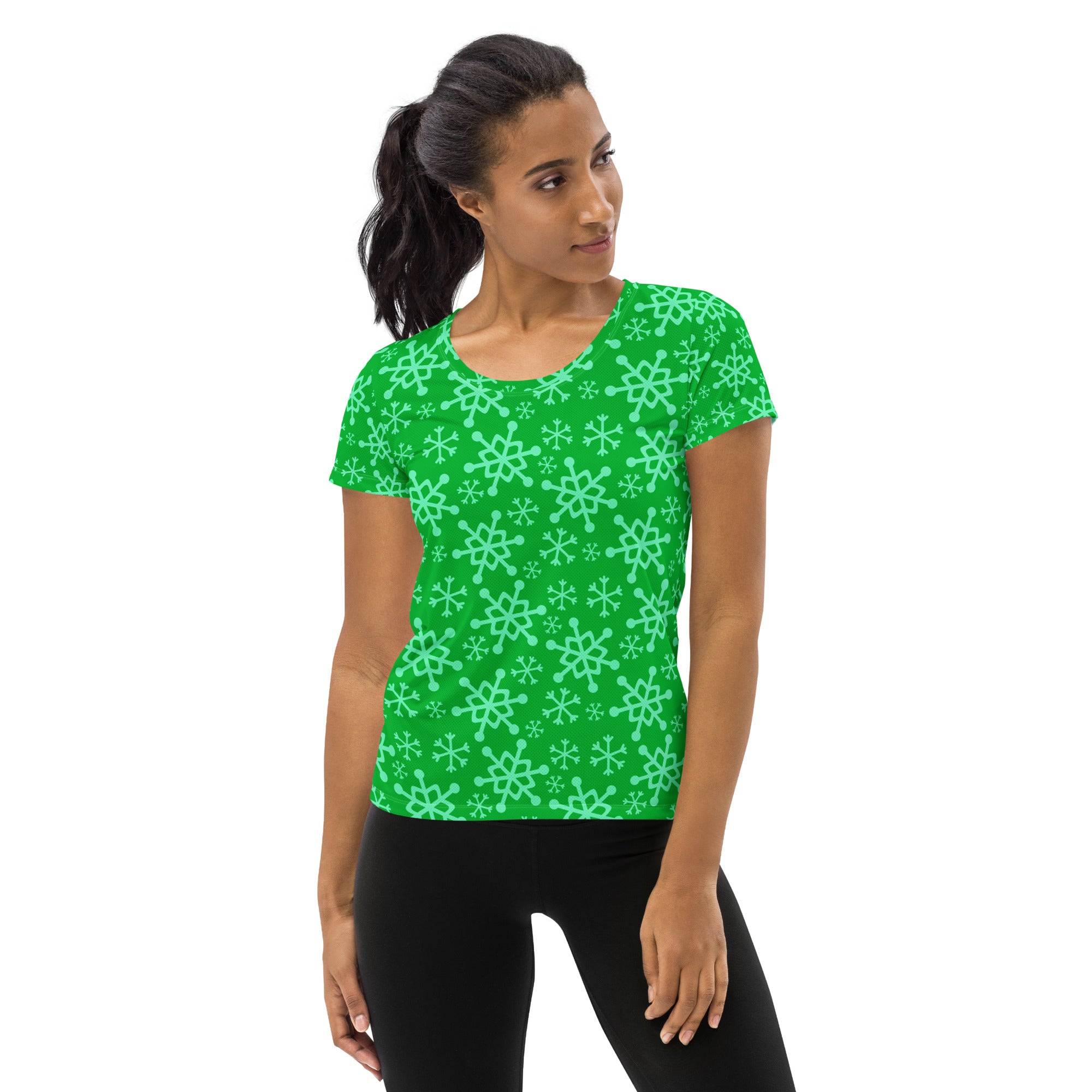 Women’s Green Snowflake Performance Athletic T-Shirt - Lightweight Moisture Wicking Workout Top with UPF 50+